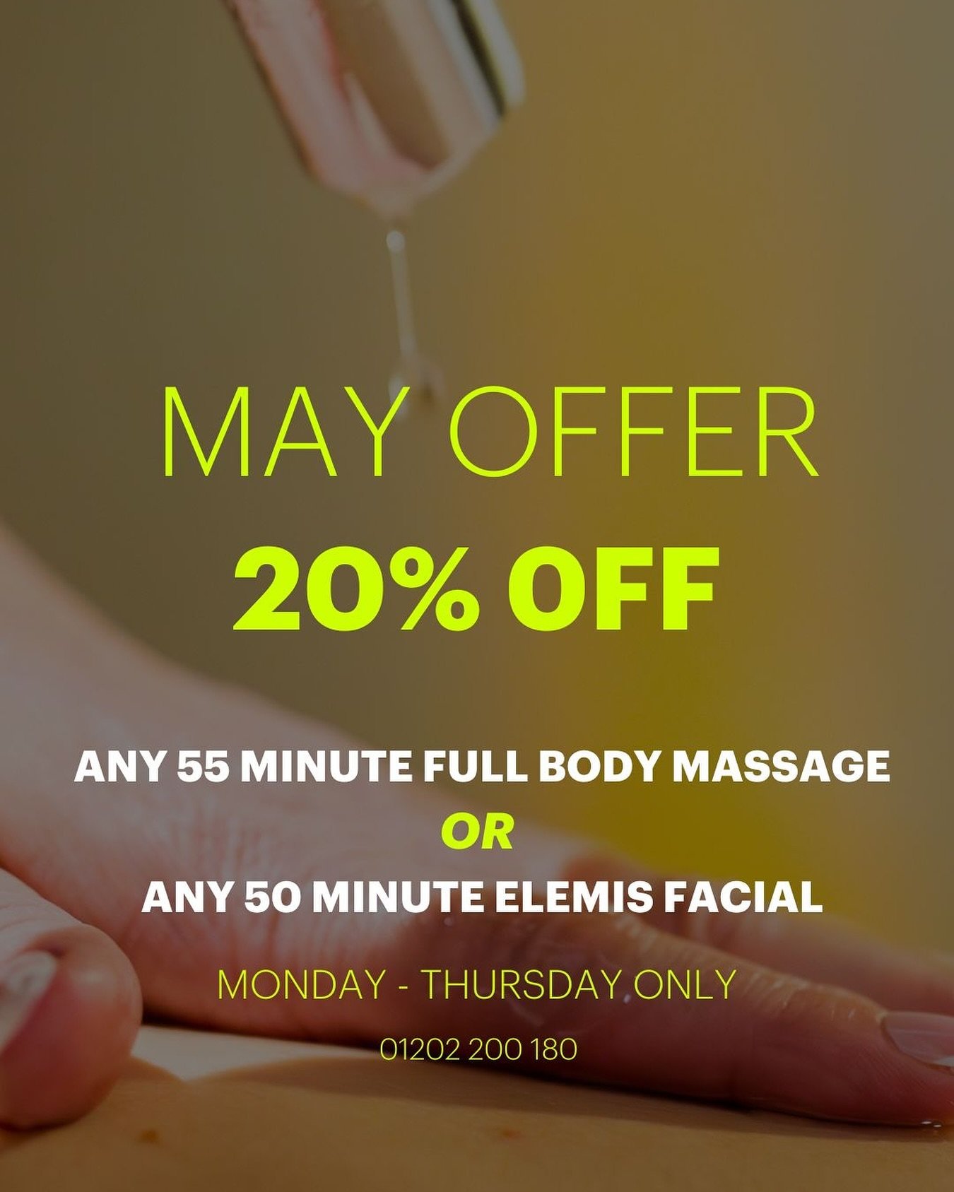 20% OFF SPA TREATMENTS IN MAY! 💆🏽&zwj;♀️🫧✨

Don&rsquo;t miss out on our best offer yet, 20% discount off ANY of our 55 minute full body massages or our 50 minute facials for the WHOLE OF MAY!!! 🤩🙌🏼

Give us a call on 01202 200180 or pop in to R