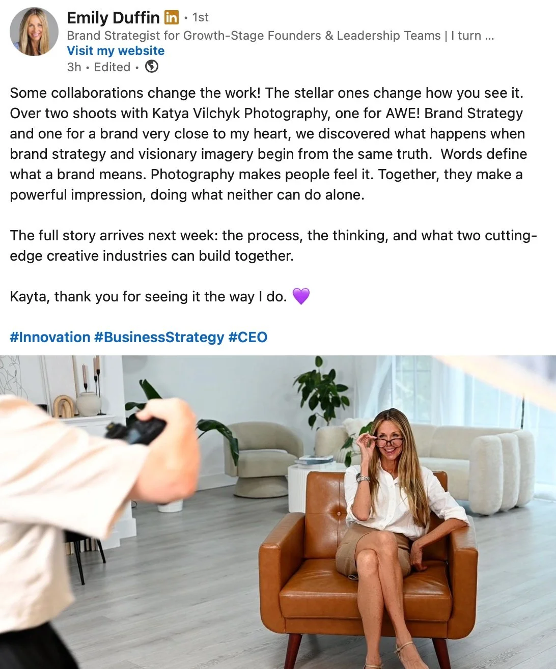 The best collaborations happen when you share a vision.

Emily and I both believe that a brand is so much more than how it looks. It's what it stands for, what it communicates, and how it makes people feel.

Brand strategy and photography aren't sepa