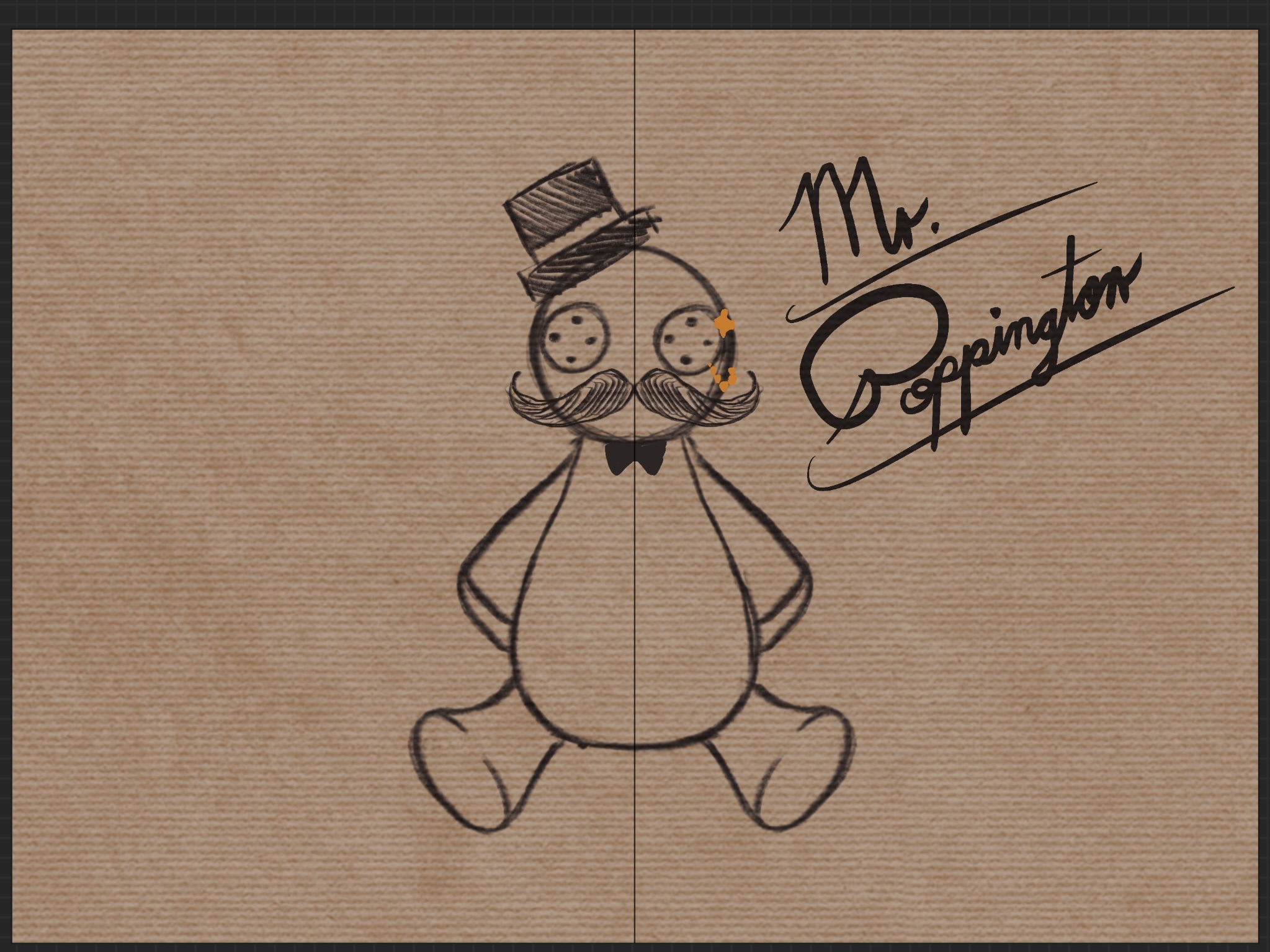 A doll wearing a hat and bowtie, with the words Mr. Poppington next to it.
