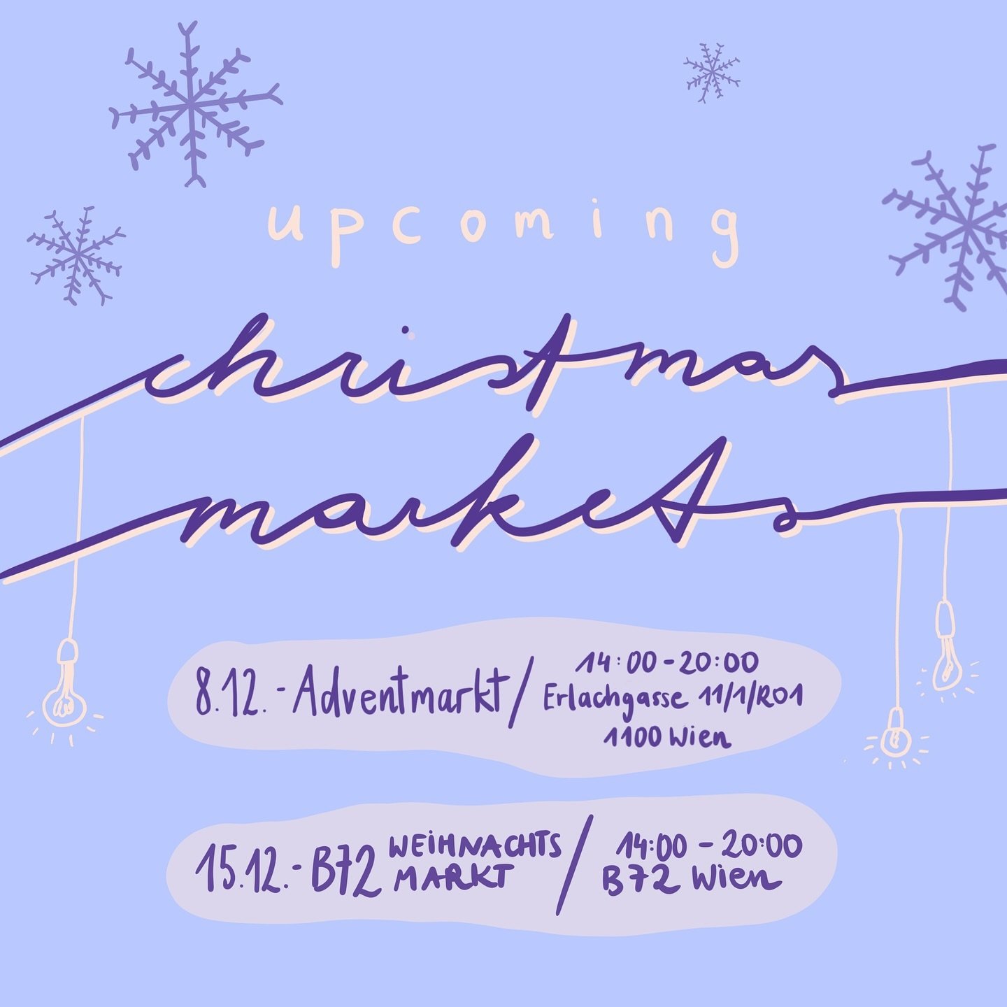 upcoming christmas markets ❄️
come by! 💜

🎄 08.12.24 - Adventmarkt / 14:00-20:00 / Erlachgasse 11/1/RO1, 1100 Wien 

KERAMIK, KUNST &amp; GL&Uuml;HWEIHN
mit @teardropceramics, @pottery.with.b, @cosmosofpandia, @mikrodruck20, @gentleholz 🎄

🎄 15.1