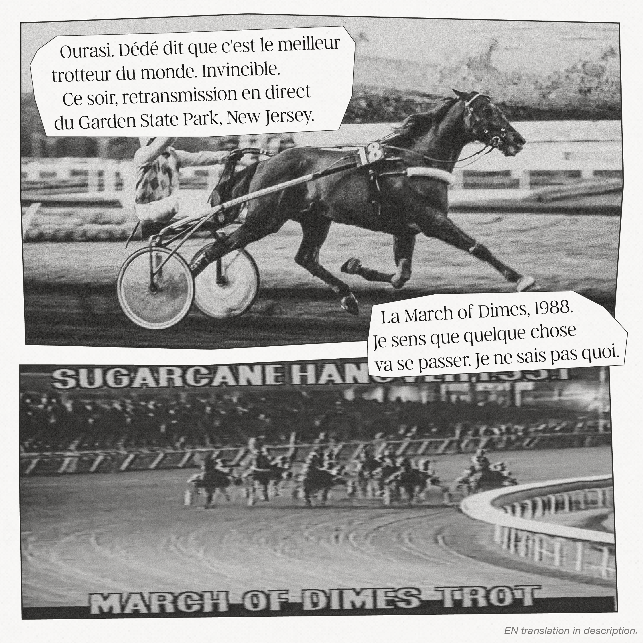 Ourasi. Gégé says he's the best trotter in the world. Unbeatable. Tonight, live broadcast from Garden State Park, New Jersey. The March of Dimes, 1988.
I can feel something is about to happen. I just don't know what.