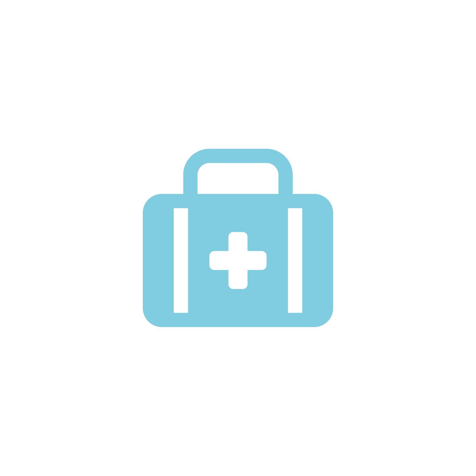 Medical emergency kit icon with a blue first aid bag and a black cross in the center.