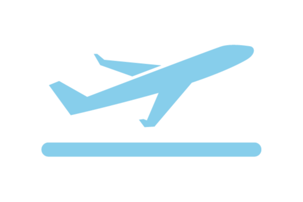 Simplified illustration of an airplane taking off from a runway with a blue airplane icon and a black background.