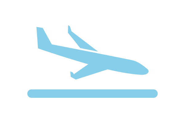 Blue airplane icon taking off from a runway.