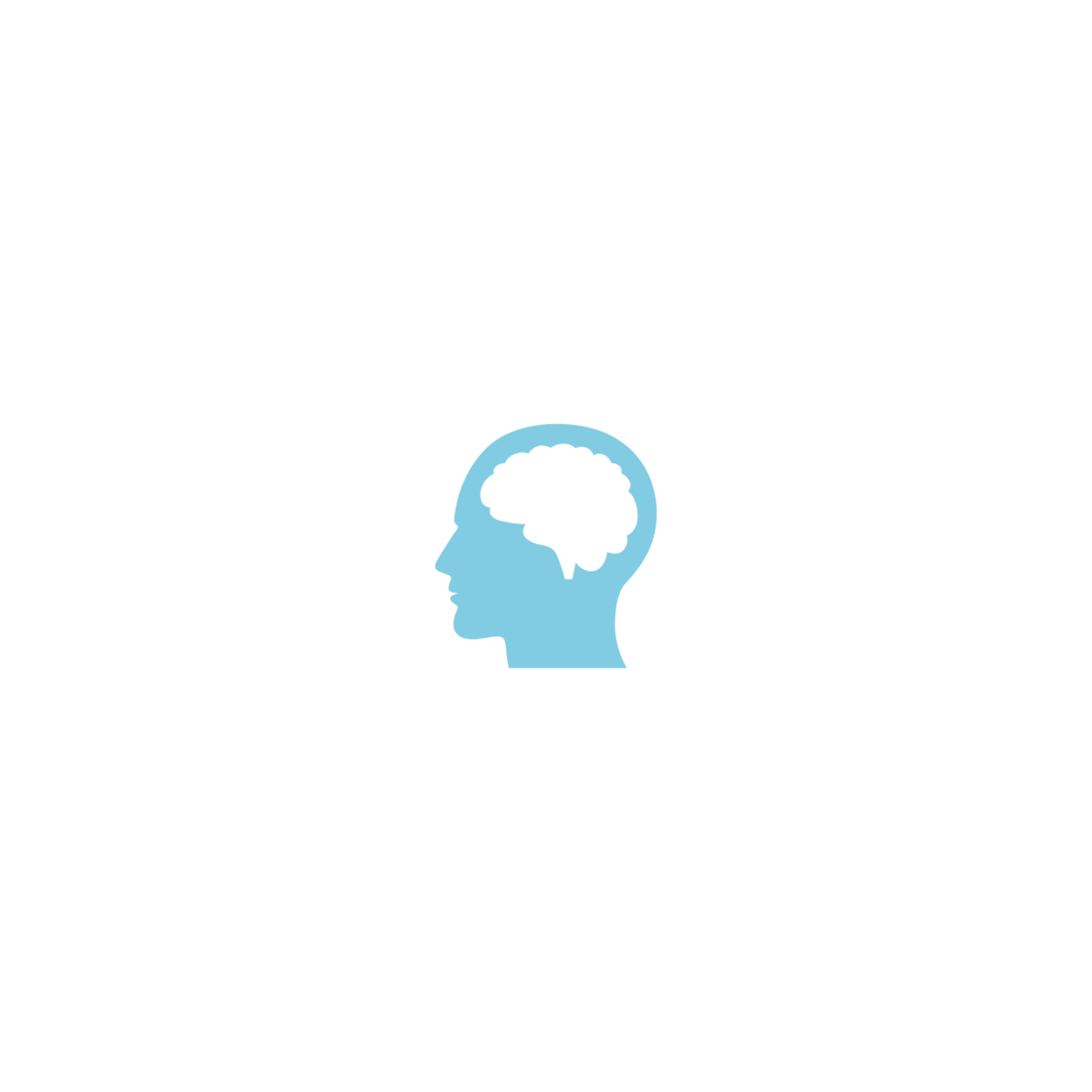 A black silhouette of a human head with the brain highlighted in blue inside the head.