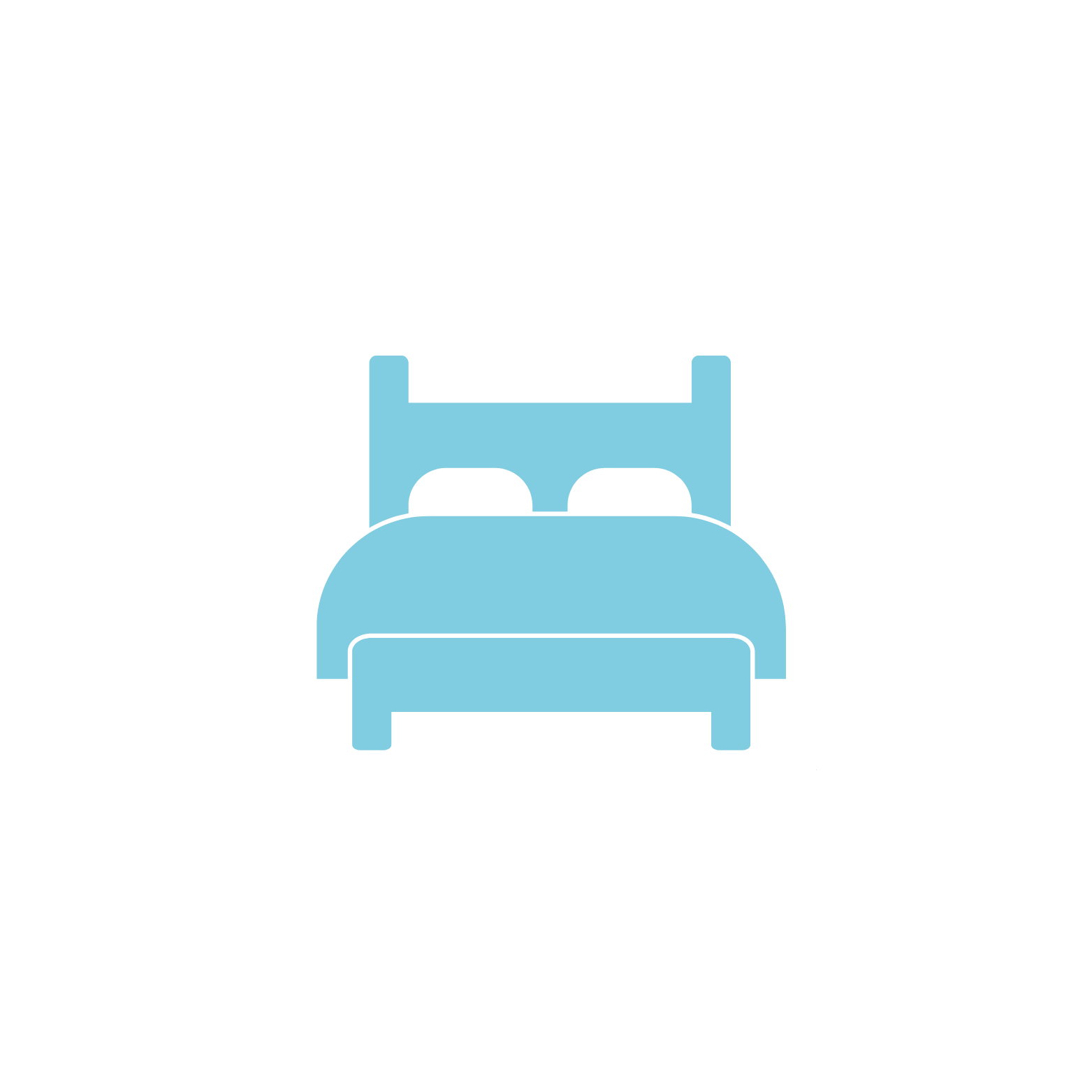 Icon of a bed with a blue headboard and black pillows, centered on a black background.