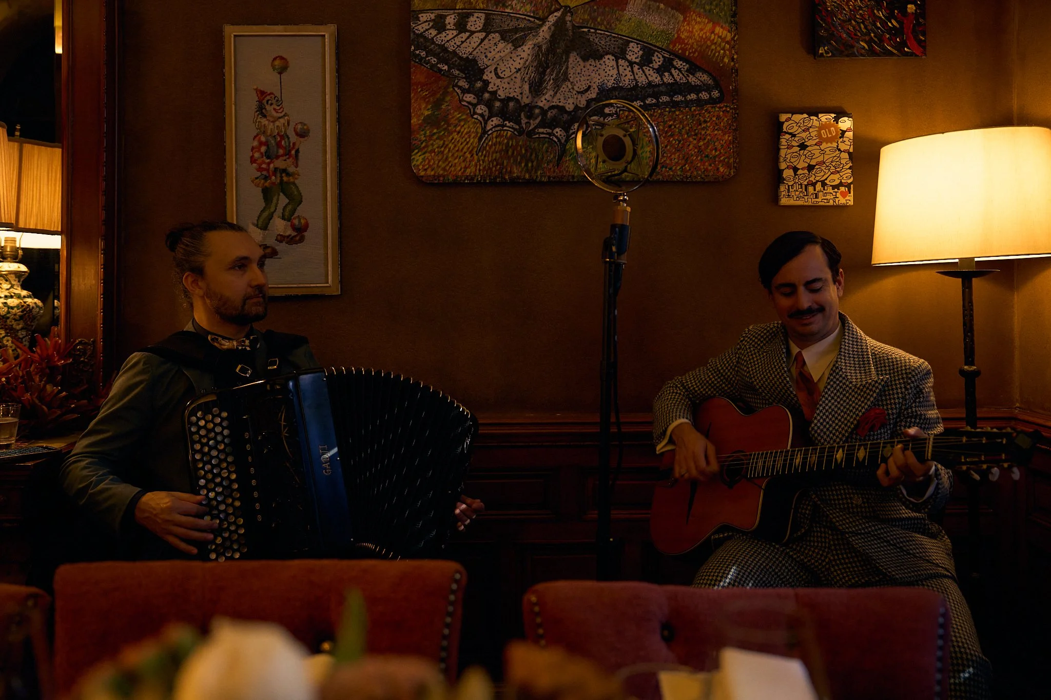 French jazz duo with accordion and guitar performing at the Chelsea Hotel in New York City