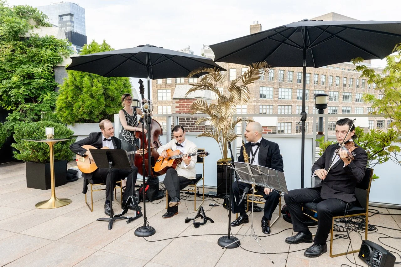 Charlie Roman jazz band performing at a Great Gatsby-themed rooftop party in Tribeca, New York City