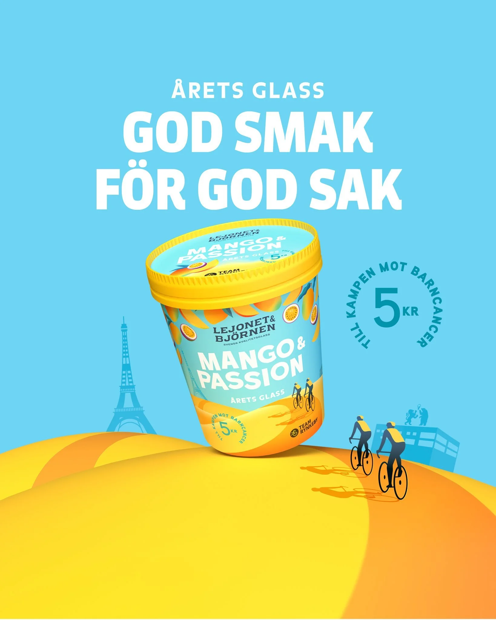 Sommarens godaste bidrag Mango &amp; Passion &auml;r tillbaka! Men det &auml;r ocks&aring; ett bidrag som g&ouml;r skillnad: 5 kr per b&auml;gare g&aring;r via Team Rynkeby till Barncancerfonden. #lejonetochbj&ouml;rnen #svensksuperpremiumglass #v&au