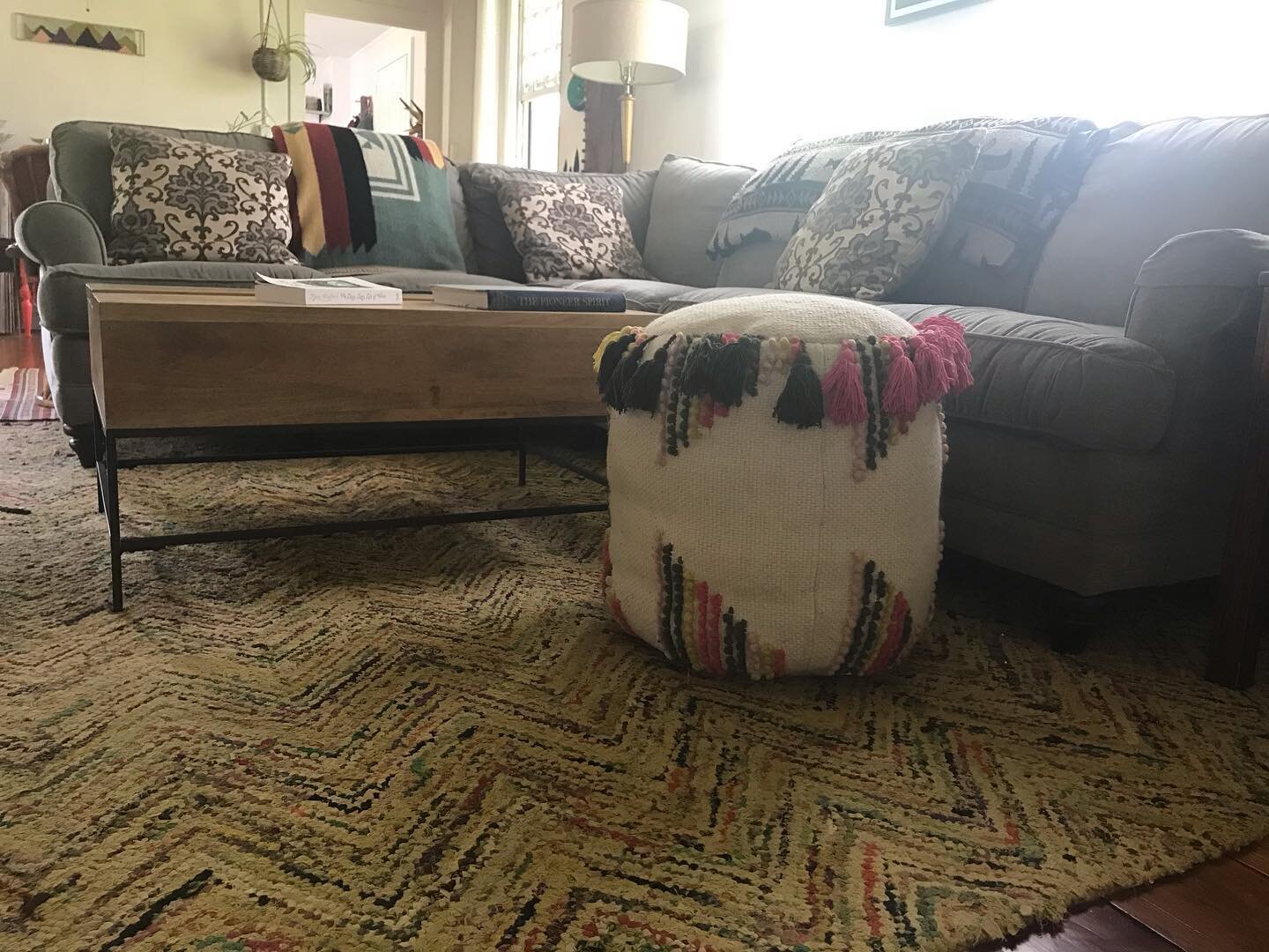 I bought this #westelm pouf on #craigslist. It needed some fattening so rather than buying filling I reused #preloved bedding from a client&rsquo;s closet clean out that I couldn&rsquo;t donate on Craigslist. When that wasn&rsquo;t enough, I filled i