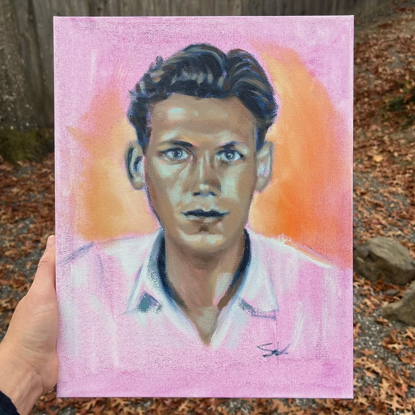3 hour portrait of my grandfather, translating a b&amp;w photo into a funky lil color scheme.

Deda&rsquo;s passport
11x14 oil on canvas