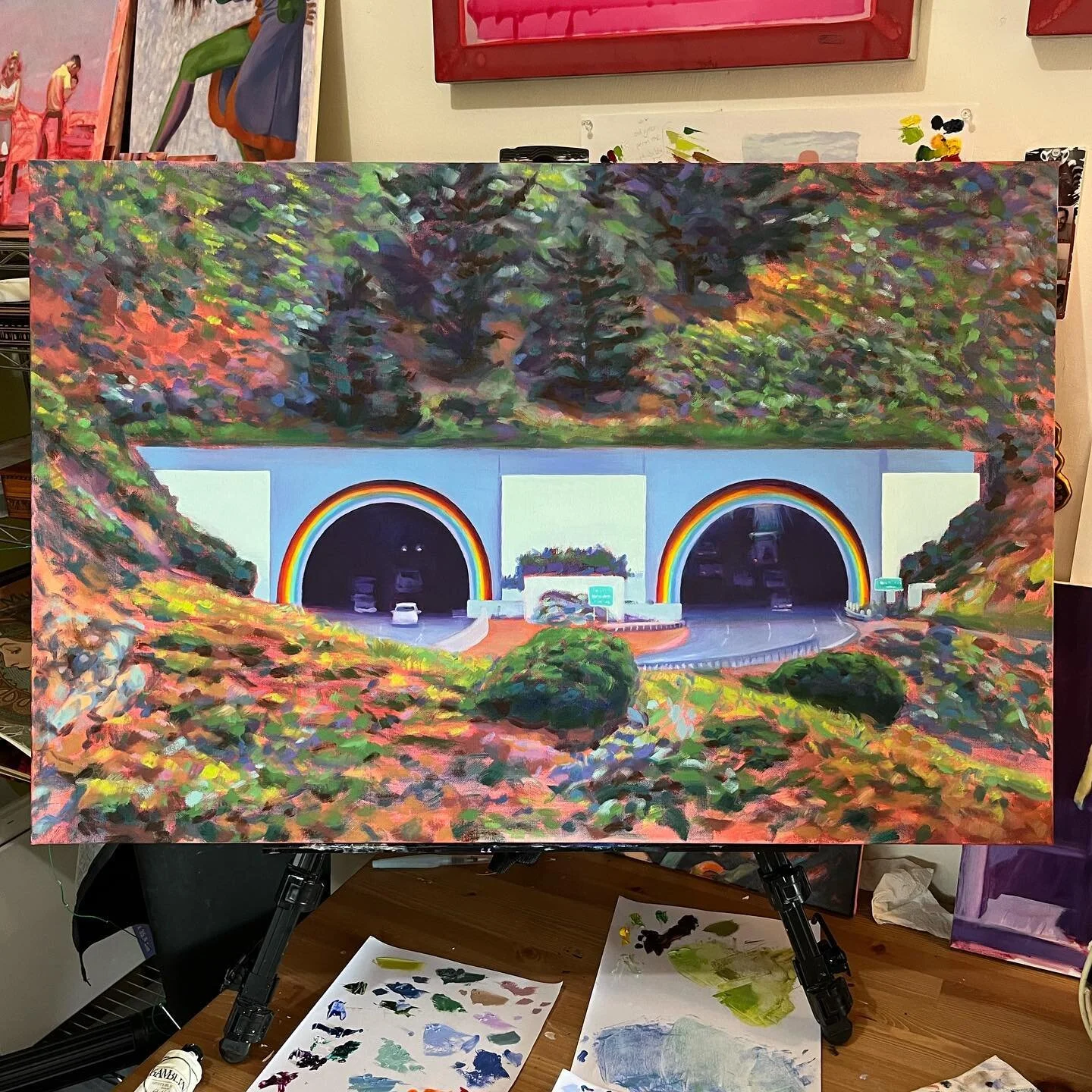 Update on this landscape 🌈 

The tunnels are driving me a bit batty, but I&rsquo;m happy with it so far!

Have a lovely weekend xo

#landscape #landscapepainting #oilpainting #robinwilliamstunnel #bayarea