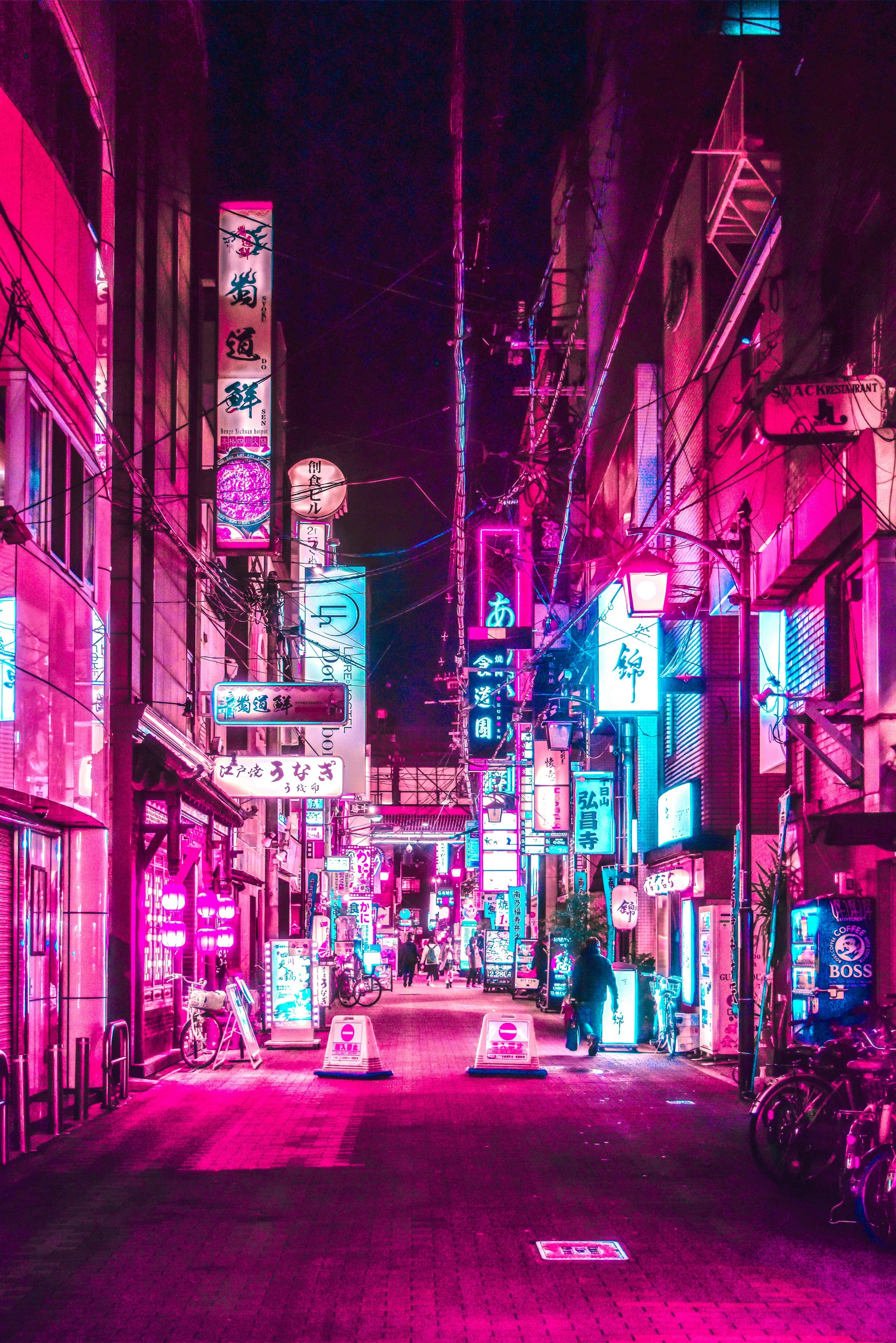 Neon lit city at night