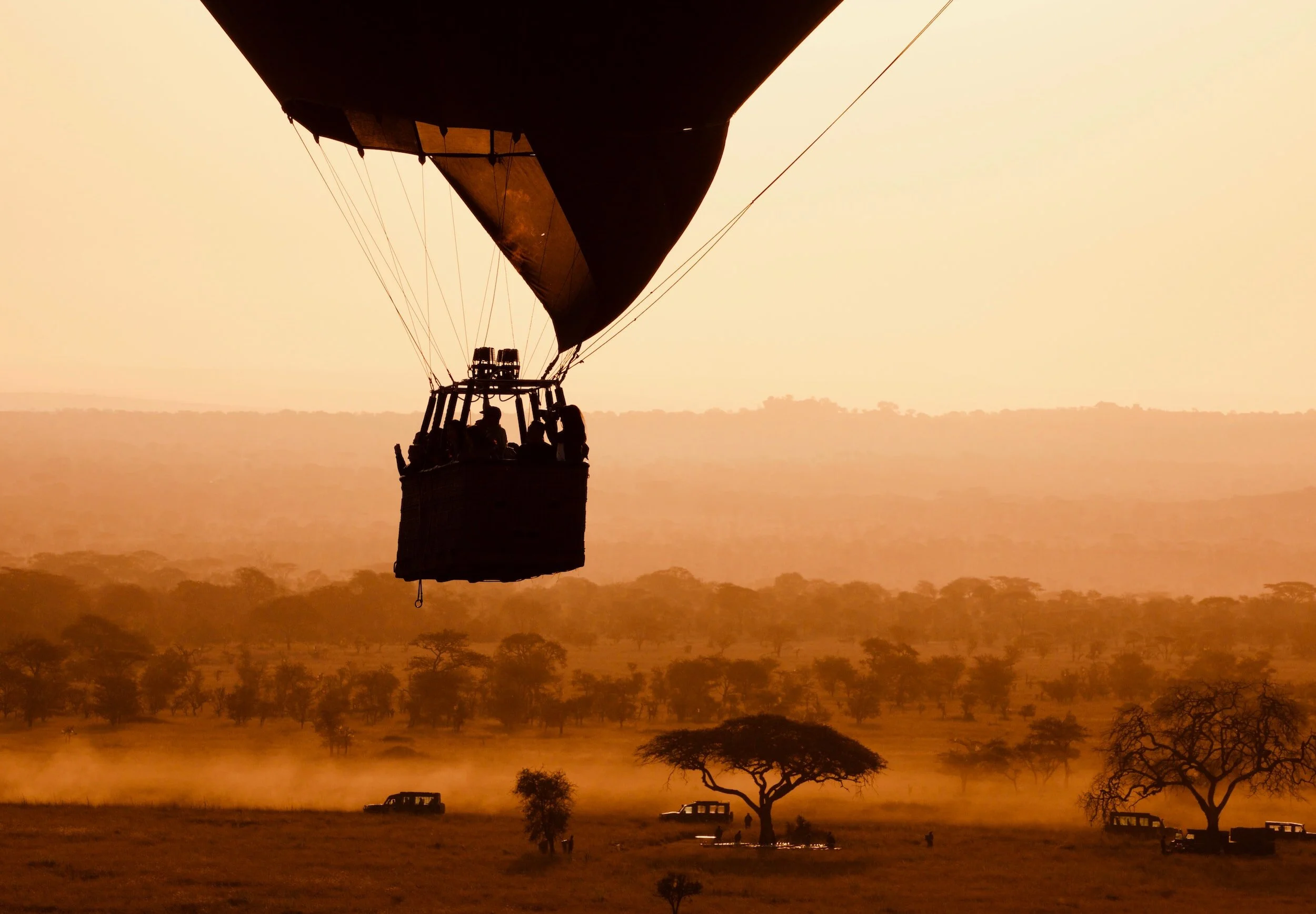 Hot Air Balloon Africa Safari during Sunrise over the Savanah