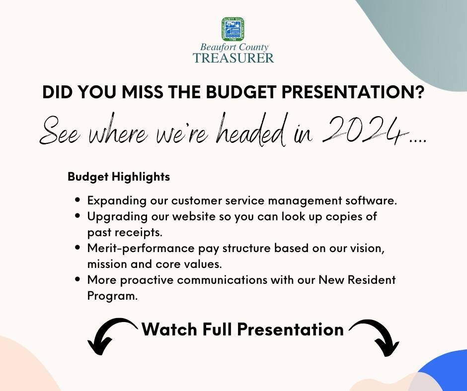 We are in the midst of budget season and, as always, your Treasurer's Office is looking to the future with intentionality and purposeful planning so we can continue to serve you with innovation and enthusiasm. 

Below you can watch Maria's budget pre