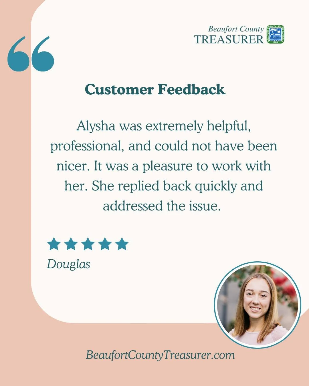 🌟 Customer Shoutout! 🌟
Alysha was recognized for being professional, quick, and friendly. Way to go, Alysha! Your dedication to providing excellent service makes a difference every day. 👏
Need Assistance? Visit BeaufortCountyTreasurer.com