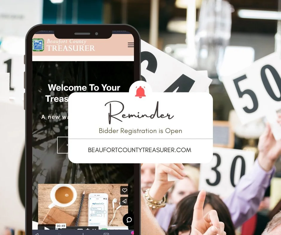 📢 Don’t forget!
Register now to become a bidder for the 2025 Annual Tax Sale happening Monday, October 6th.
🗓️ Last day to register: Friday, October 3rd at 12:00 PM
💻 Register online: BeaufortCountyTreasurer.com
⏳ Don’t wait—se
