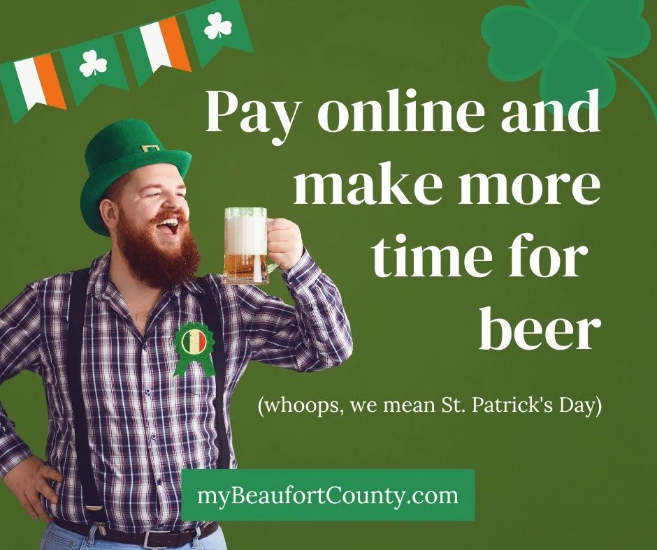 🍀 Skip the Line, Not the Celebration! 🍀

This St. Patrick&rsquo;s Day, don&rsquo;t spend your time waiting in line to pay your property taxes. Pay online instead! 💻

Our easy and convenient online payment option lets you check one more thing off y