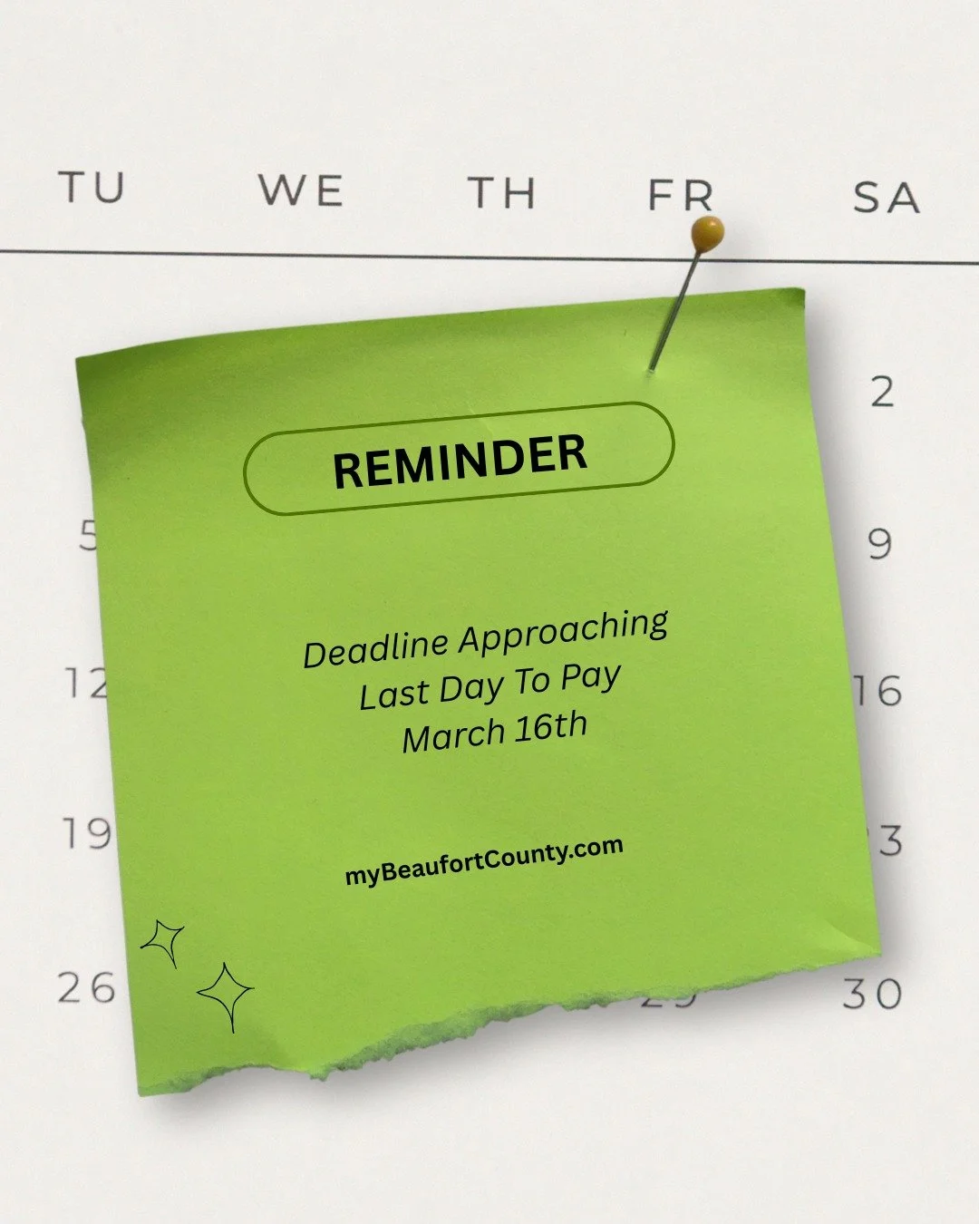 🍀 Don&rsquo;t Let Your Luck Run Out! 🍀

Feeling lucky this St. Patrick&rsquo;s Day season? Don&rsquo;t push it too far!

March 16th is the deadline to pay your property taxes. Waiting until after the deadline could mean additional penalties and fee