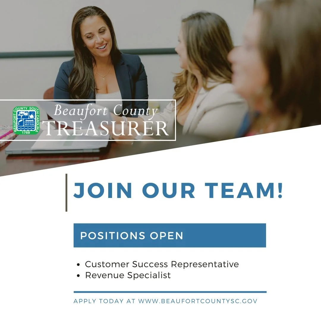 🚨 ¡Buscamos personal! ¡Únete a nuestro equipo! 🚨

¡La Oficina del Tesorero del Condado de Beaufort está ampliando su equipo y buscamos personas motivadas para unirse a nosotros!

Puestos vacantes:
✨ Representante de atención al cliente
✨ Especialista en recaudación

Si te apasiona...