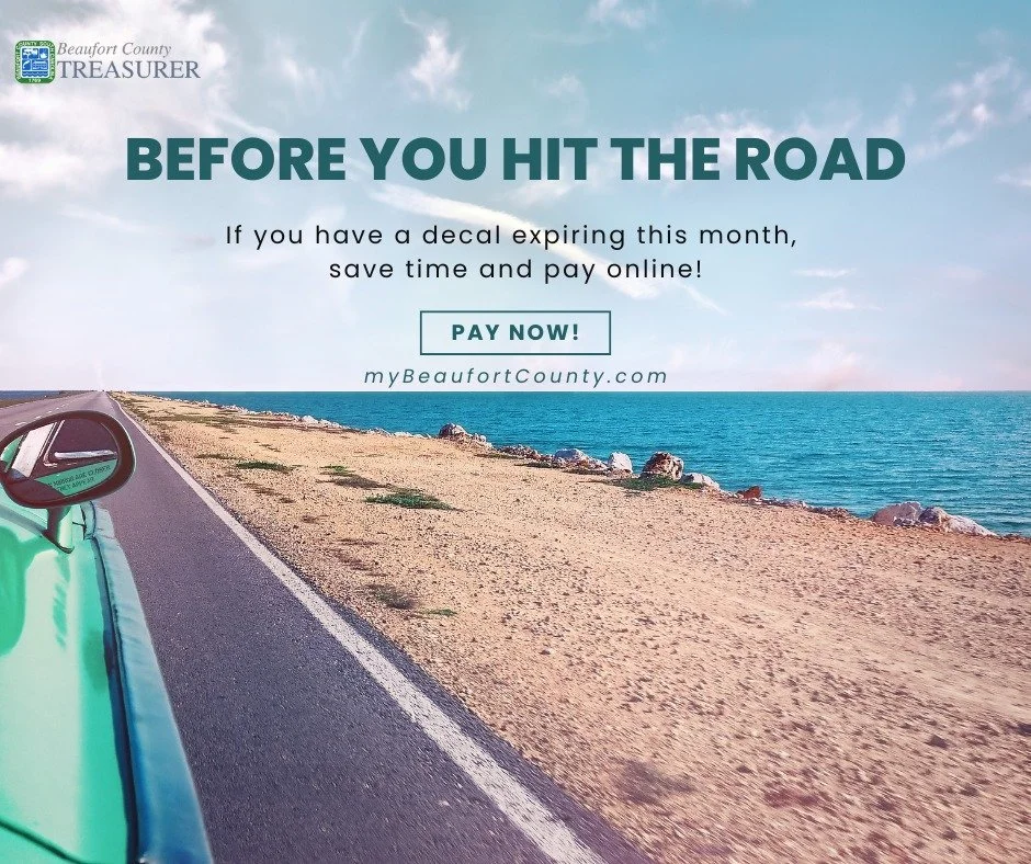 🚗 Ready to hit the road this summer? ☀️

Don&rsquo;t let expired tags slow you down! Make sure your vehicle registration is up to date before your next adventure.

Skip the lines and renew online anytime at myBeaufortCounty.com Fast, easy, and road-