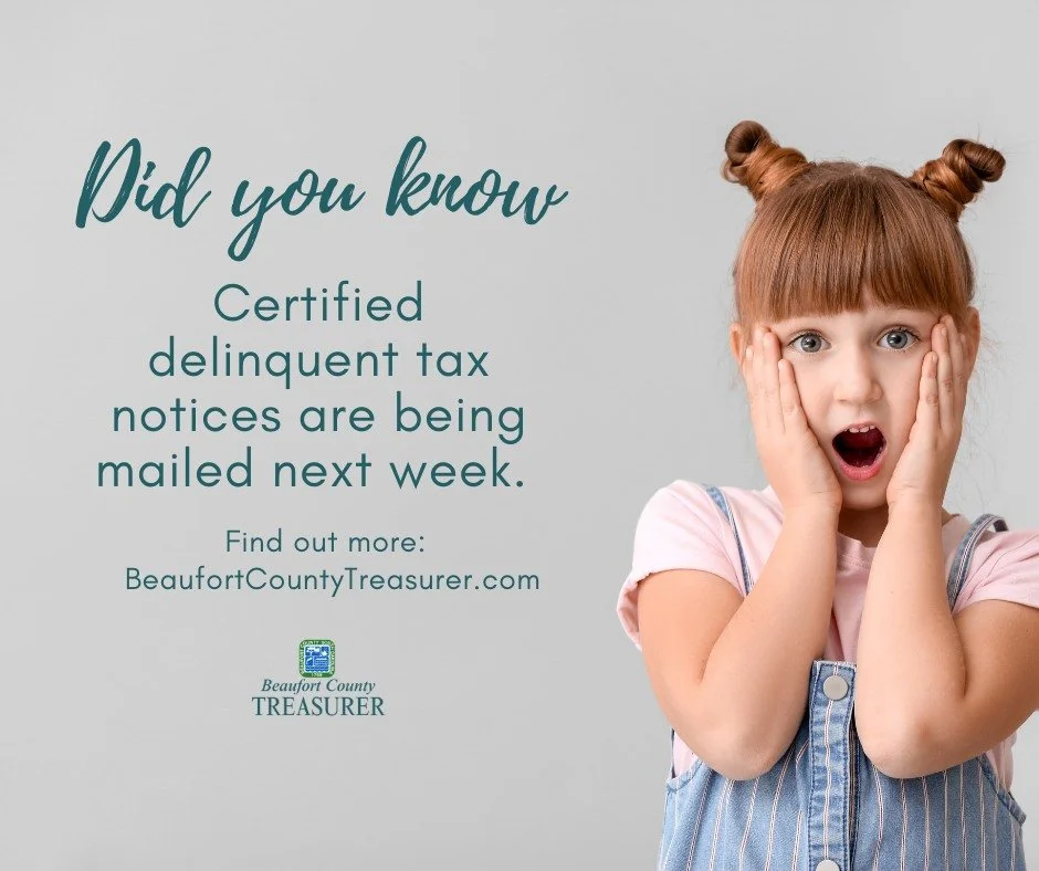 La próxima semana se enviarán por correo las notificaciones de impago de impuestos certificadas

Si recibe una notificación y necesita realizar un pago, visite myBeaufortCounty.com para acceder a una opción de pago rápida y sencilla.

Para obtener más información sobre el proceso y los siguientes pasos, visite BeaufortCountyTreasur