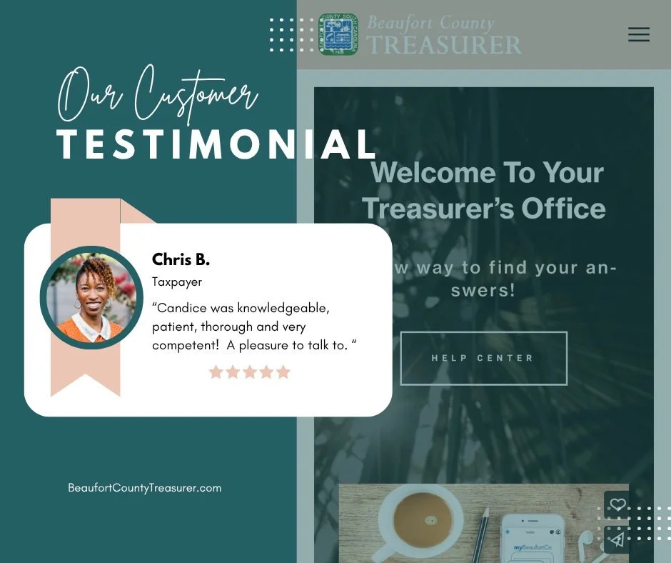 ⭐ Customer Spotlight ⭐

A big shoutout to Candice and the entire Beaufort County Treasurer's Office team!

Chris B. recently shared that Candice was "knowledgeable, patient, and thorough" while assisting with their needs. Providing exceptio