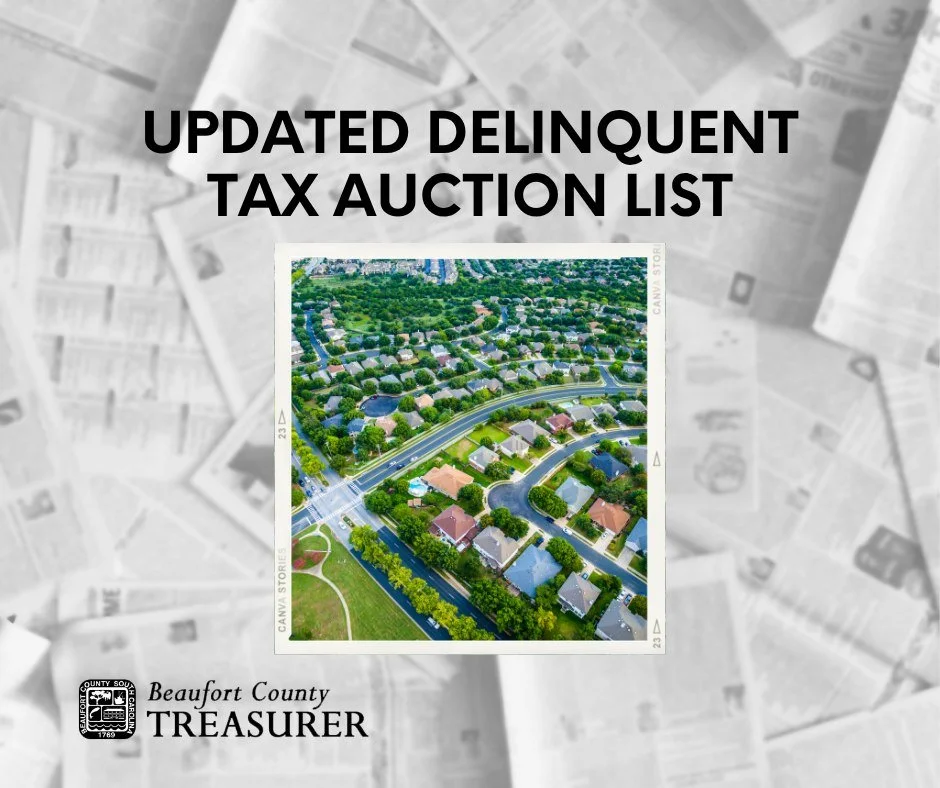 📢 2026 Tax Sale: Official Advertising Begins

The first official advertising of delinquent properties is now available in the local newspaper and online at BeaufortCountyTreasurer.com.

South Carolina law requires the Treasurer's Office to publicly 