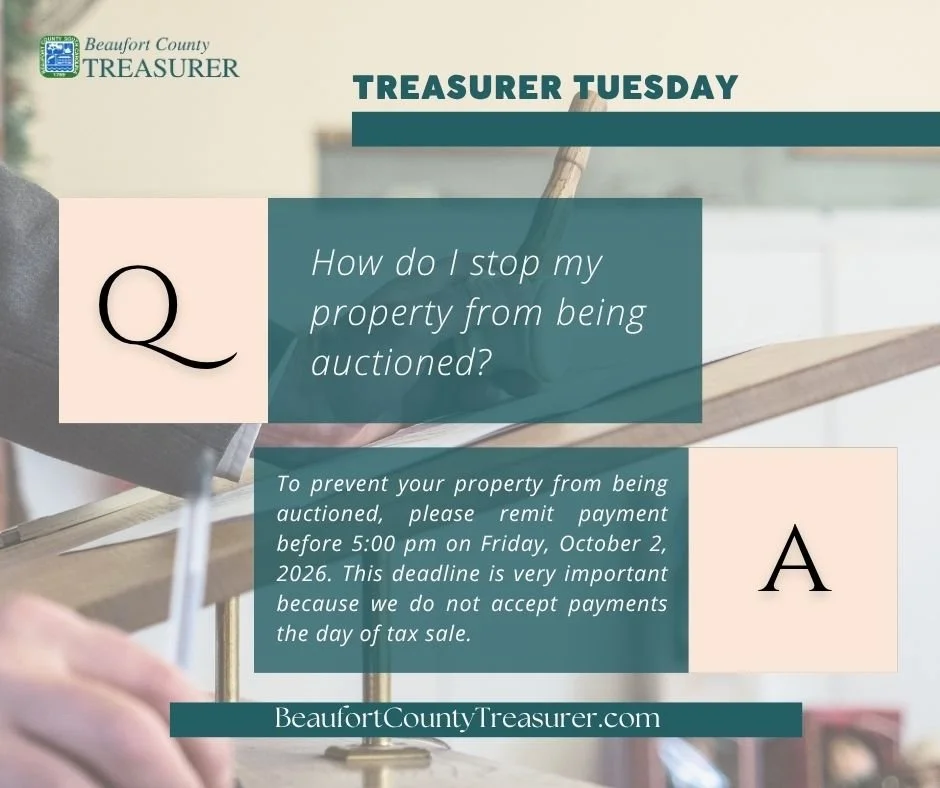 Treasurer Tuesday: FAQ

❓How do I stop my property from being auctioned?

To prevent your property from being auctioned at the 2026 Tax Sale, pay all delinquent taxes and fees by 5:00 p.m. on Friday, October 2, 2026.

🚨 Payments cannot be accepted o