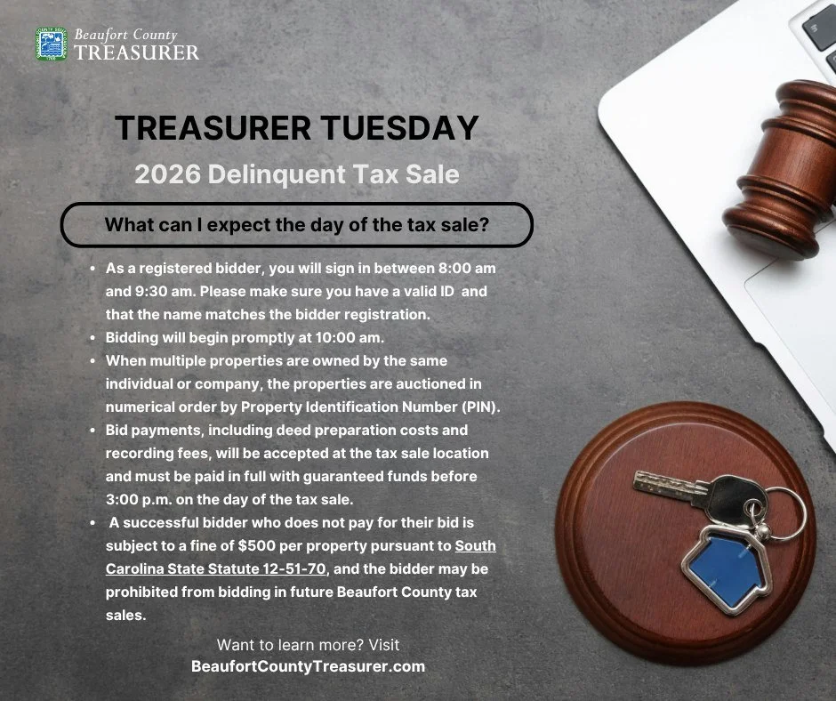 💡 TREASURER TUESDAY: WHAT TO EXPECT ON TAX SALE DAY!

Registered bidder? Here&rsquo;s your quick Tax Sale day checklist:

🕗 8:00&ndash;9:30 AM | Sign-In
Bring a valid photo ID and make sure the name matches your bidder registration.

🔨 10:00 AM | 