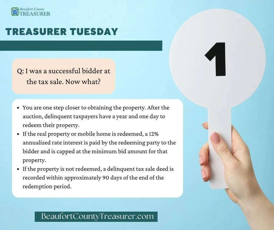 💡 MARTES DEL TESORERO: ¿QUÉ SUCEDE DESPUÉS DE LA SUBASTA FISCAL? 🏡

Si has resultado adjudicatario en la subasta fiscal, estás un paso más cerca, ¡pero el proceso aún no ha terminado!

⏳ Los propietarios disponen de un año y un día para rescatar su propiedad. El