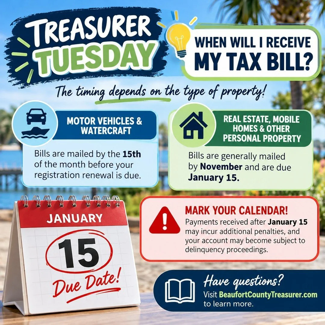 💡 TREASURER TUESDAY: WHEN WILL I RECEIVE MY TAX BILL? 📬

The timing depends on the type of property!

🚗 Motor Vehicles &amp; Watercraft: Bills are mailed by the 15th of the month before your registration renewal is due.

🏡 Real Estate, Mobile Hom