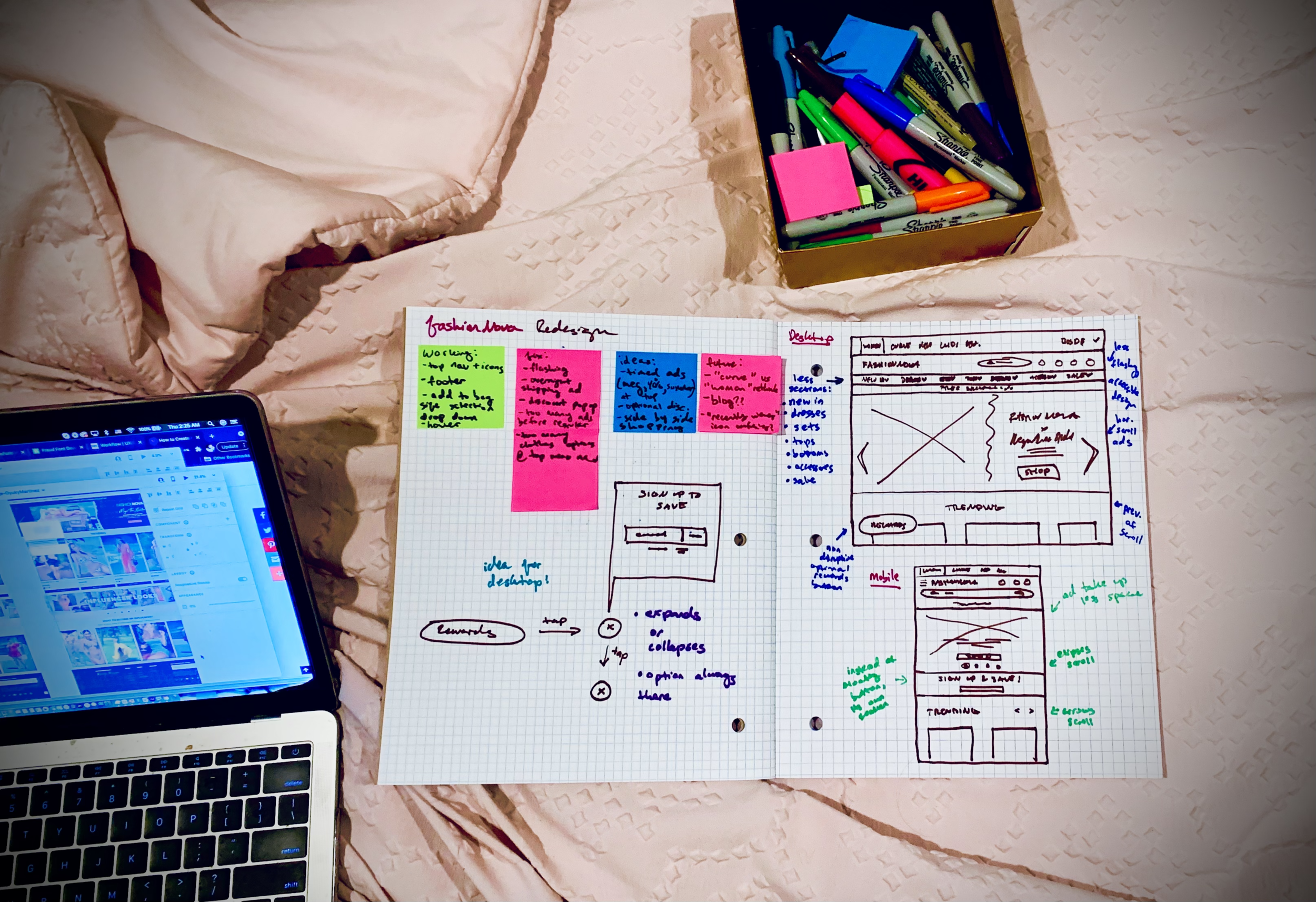 As with all of my UI/UX work, Ideation is an essential piece of the puzzle. After identifying the problems, and writing out what was working and what was not, I began sketching out some possible solutions for both the desktop and mobile versions of the site.Below is a sneak peek of some of the decisions made in the lower fidelity stages of wire-framing: