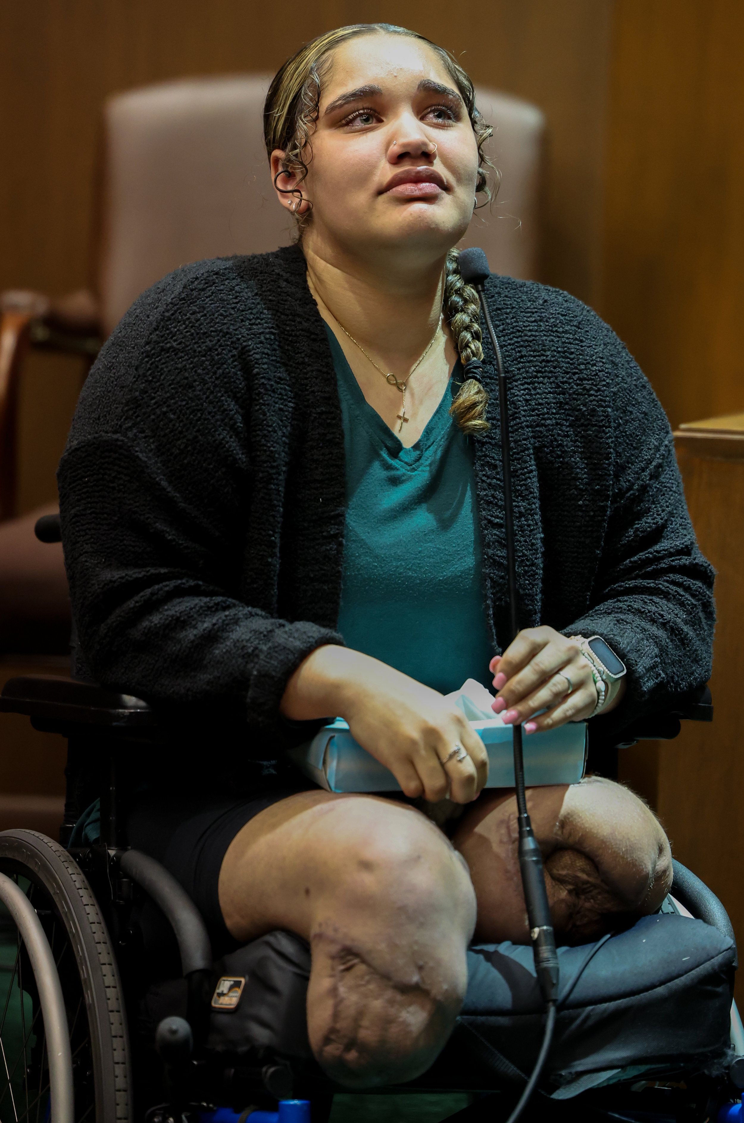  Teenage volleyball player Janae Edmondson testifies during the third day of Daniel Riley's trial Thursday, March 7, 2024, at the Carnahan Courthouse in downtown St. Louis. Riley was convicted of causing a crash last February that severely injured Ed