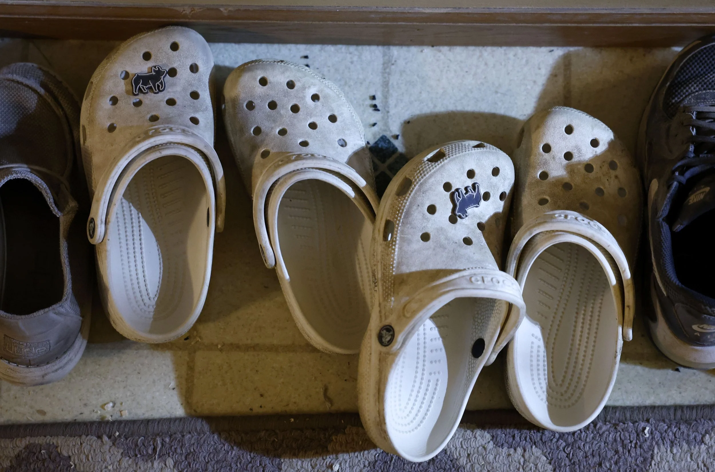  Twins Jordan Shields and Bailey Shields' matching shoes sit in the hallway Thursday, June 13, 2024, at their home in Winfield.  