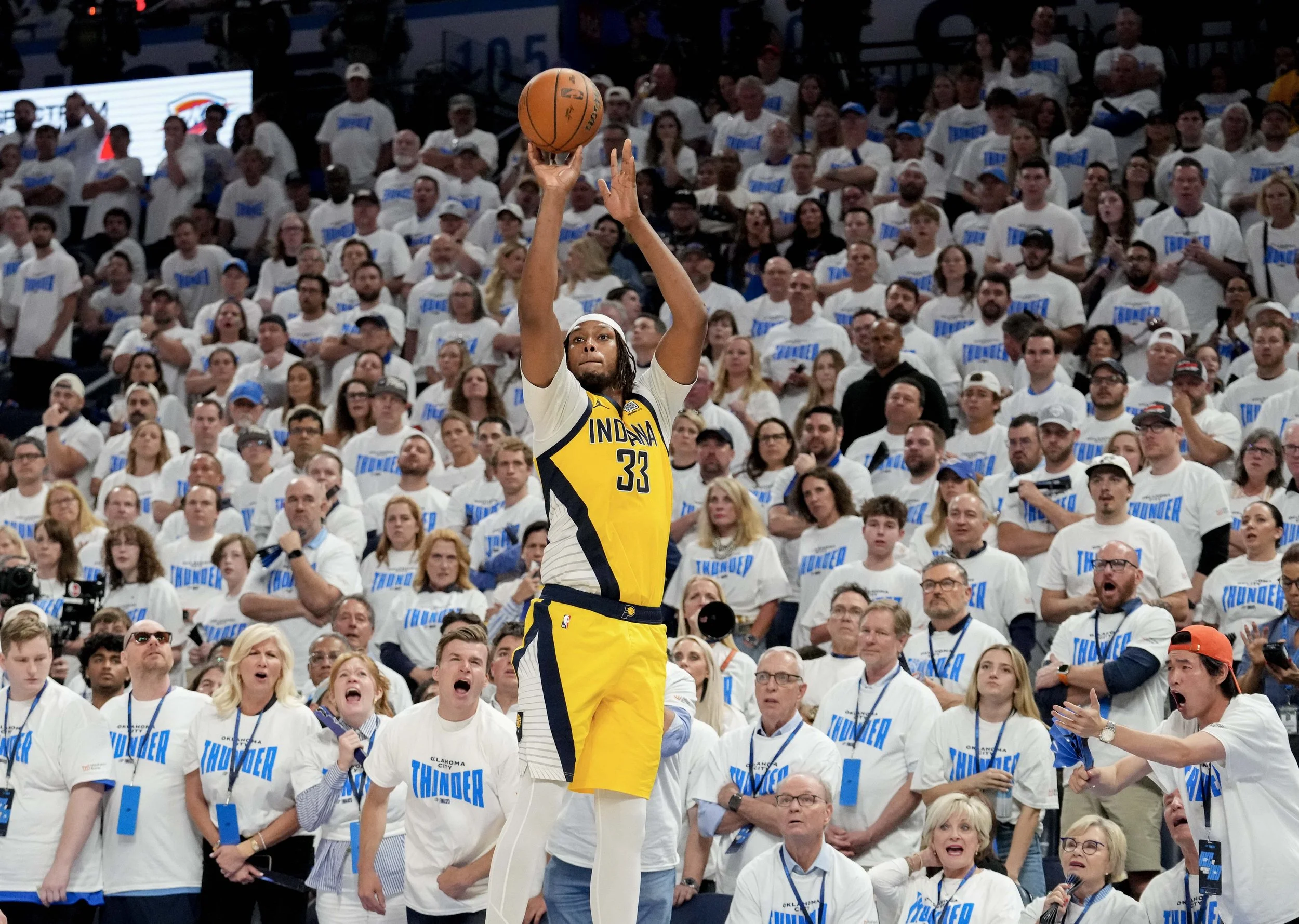  Indiana Pacers center Myles Turner (33) shoots a basket Thursday, June 5, 2025, during Game 1 of the NBA Finals against the Oklahoma City Thunder at Paycom Center in Oklahoma City. 