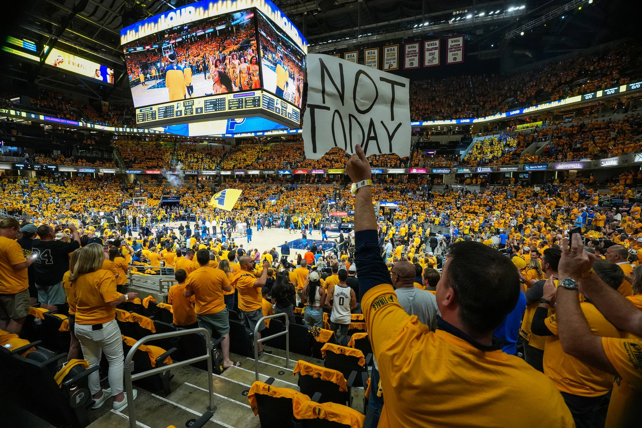  Indiana Pacers fans cheer as the team takes the court Thursday, June 19, 2025, ahead of Game 6 of the NBA Finals at Gainbridge Fieldhouse in Indianapolis. 