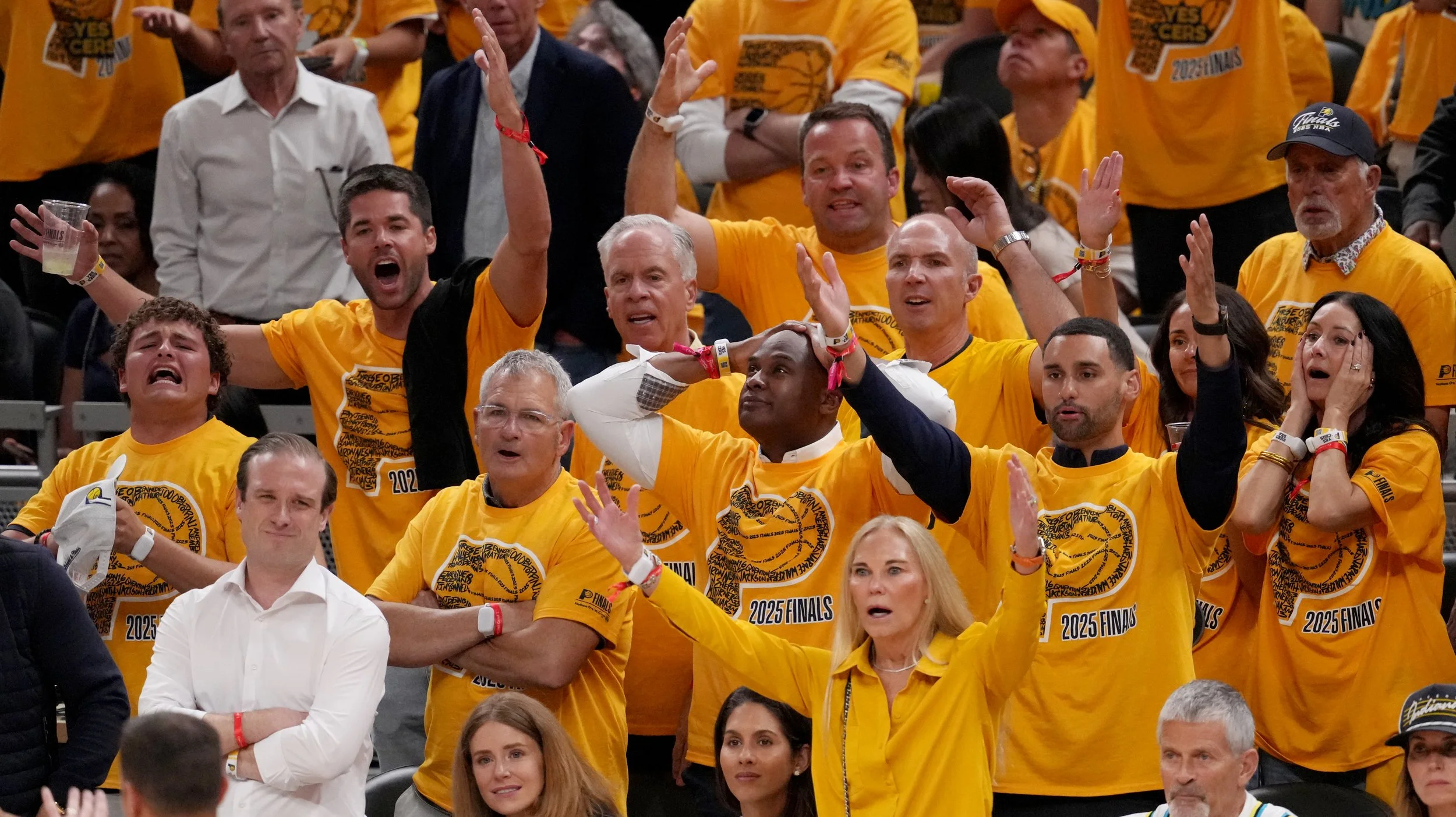  Indiana Pacers fans react to a foul called Friday, June 13, 2025, during Game 4 of the NBA Finals at Gainbridge Fieldhouse in Indianapolis. 