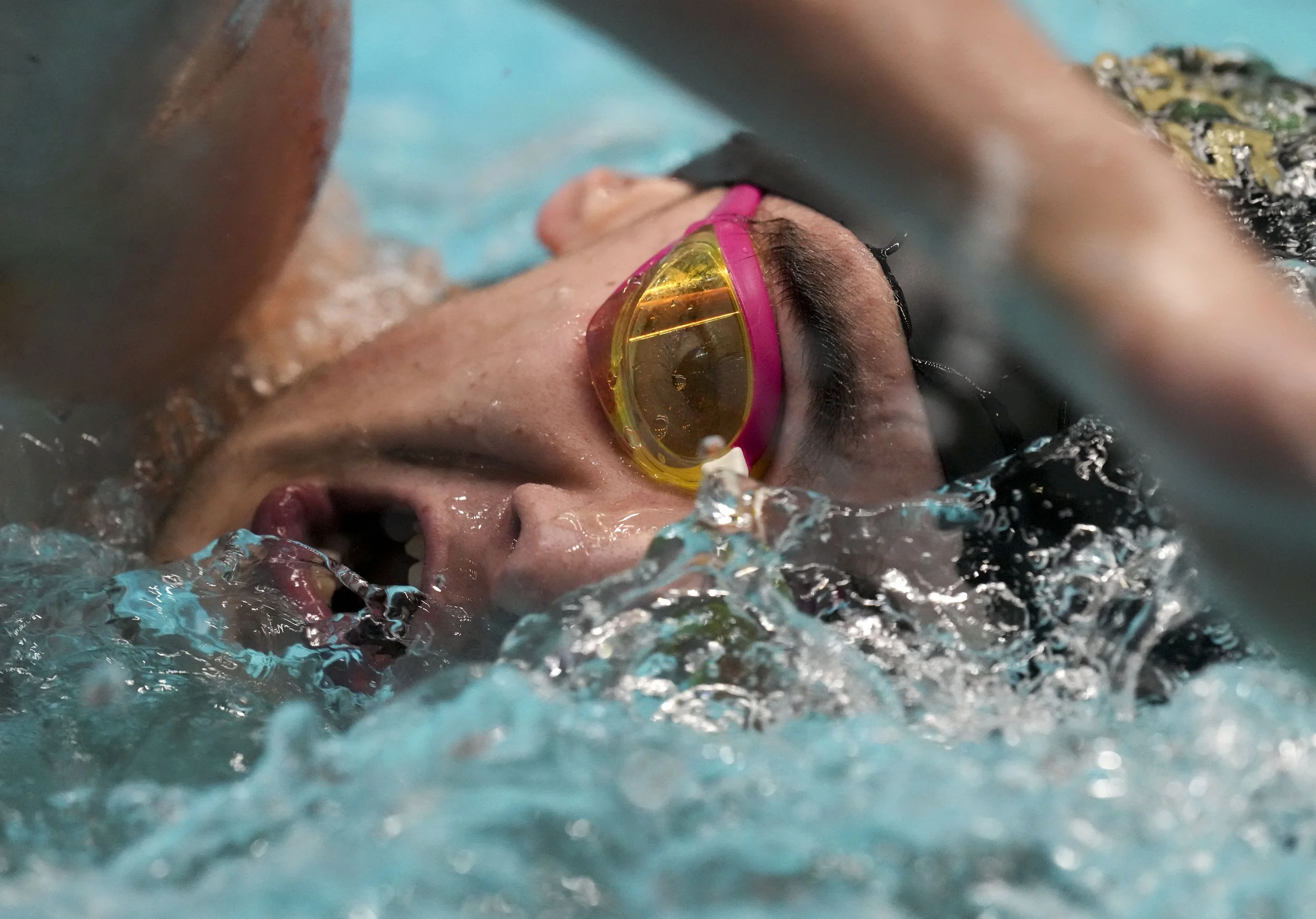  Westfield’s Harris Barents Froman swims in the boy’s 100-yard freestyle during the HCC Swimming and Diving Championships on Thursday, Jan. 9, 2025, at the IU Natatorium in Indianapolis. 