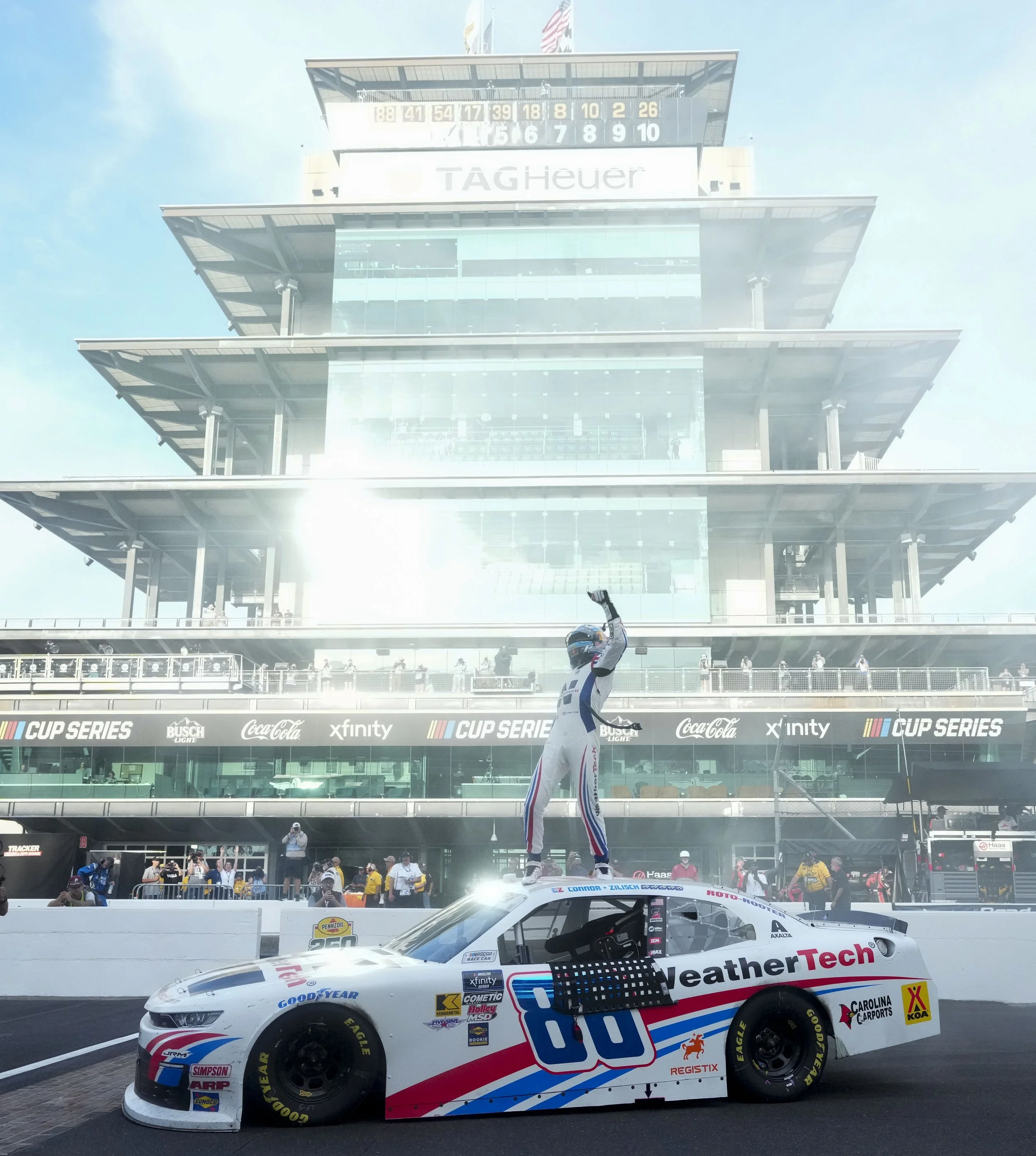  NASCAR Xfinity Series driver Connor Zilisch (88) celebrates Saturday, July 26, 2025, after winning the Pennzoil 250 at Indianapolis Motor Speedway. 