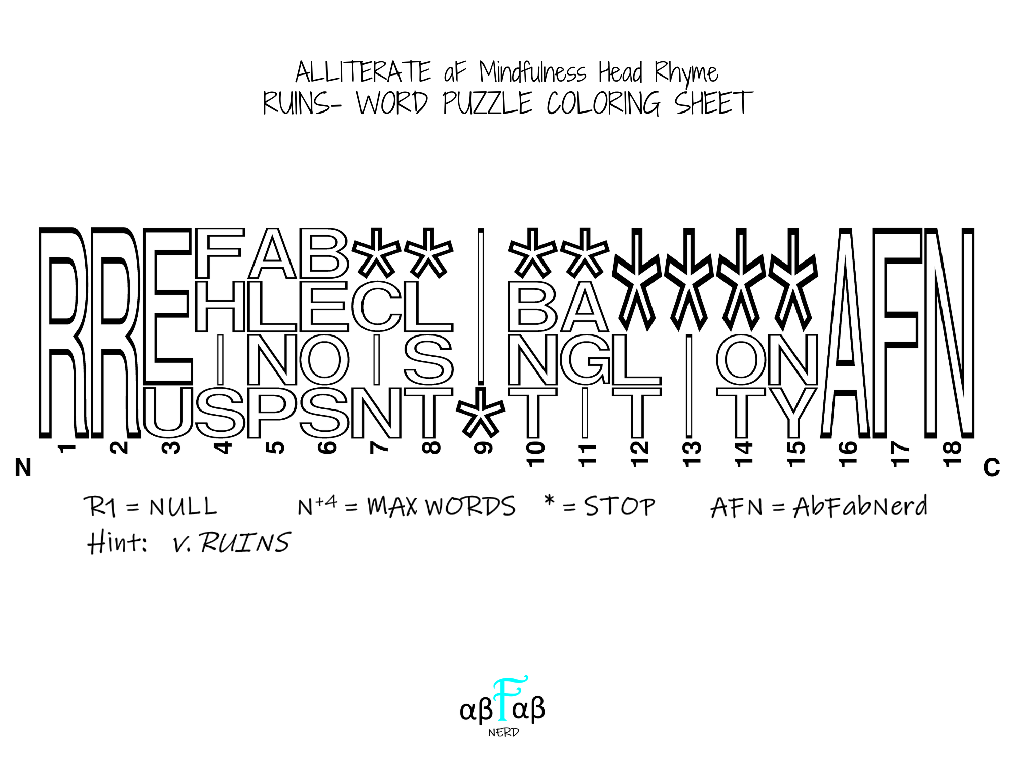 RUINS Alliteration WORD PUZZLE Coloring Sheet Daily Affirmations Digital Download Mental Health Mindfulness Printable PDF