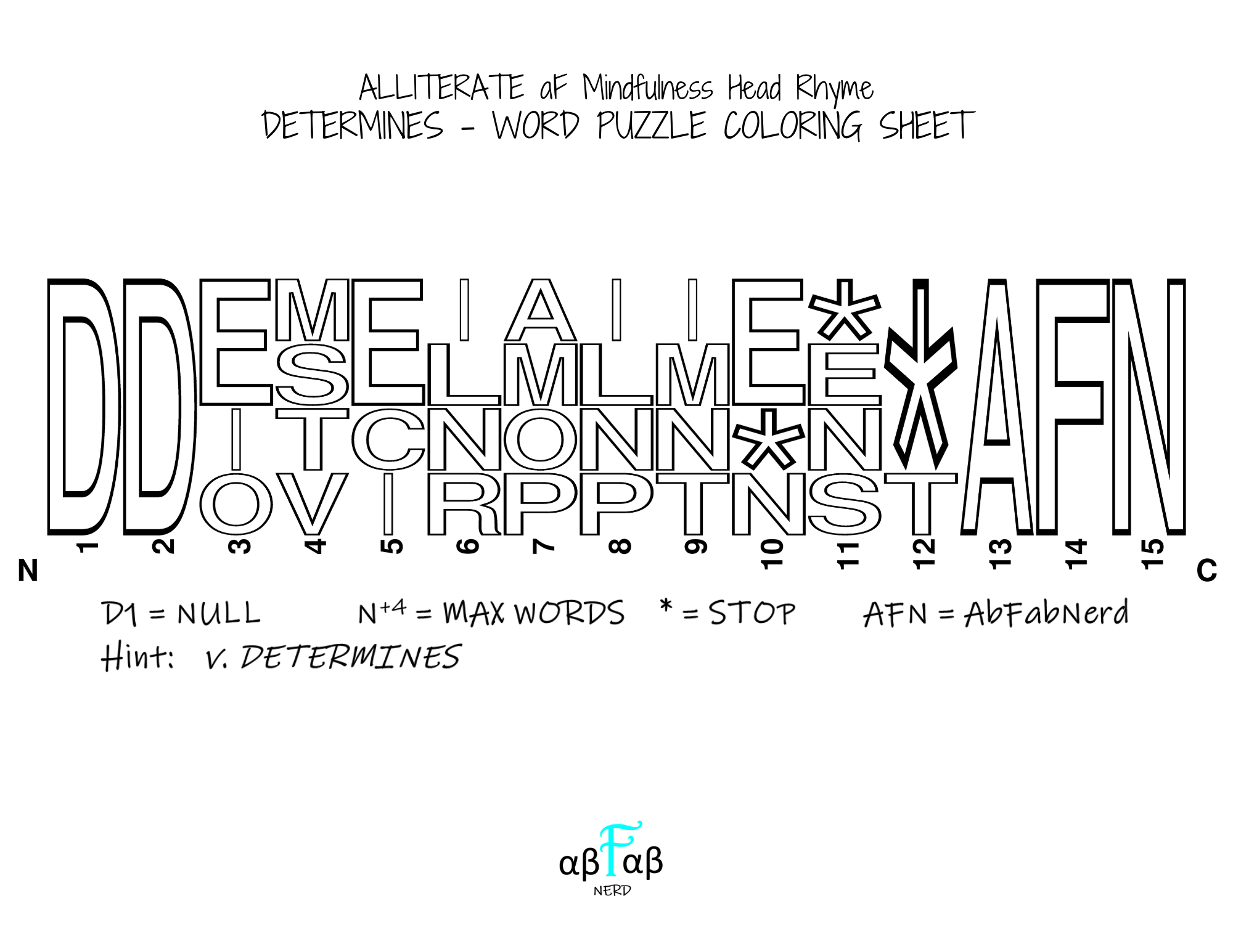 DETERMINES Alliteration WORD PUZZLE Coloring Sheet Daily Affirmations Digital Download Mental Health Mindfulness Printable PDF