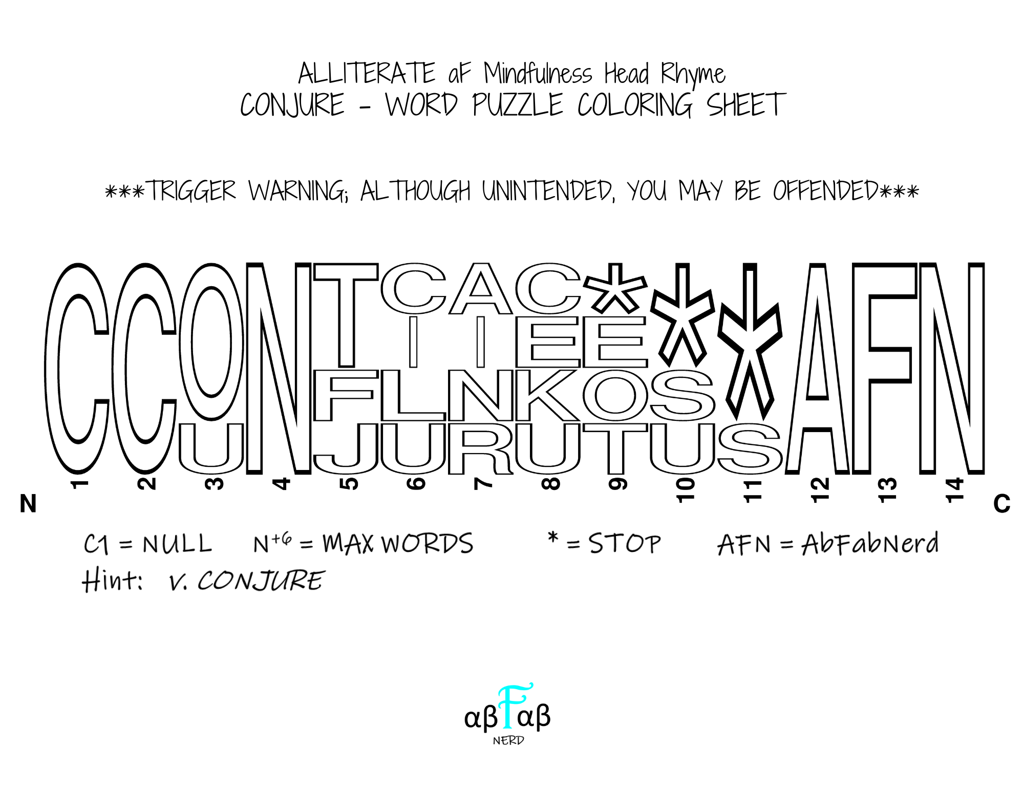 CONJURE Alliteration WORD PUZZLE Coloring Sheet Daily Affirmations Digital Download Mental Health Mindfulness Printable PDF