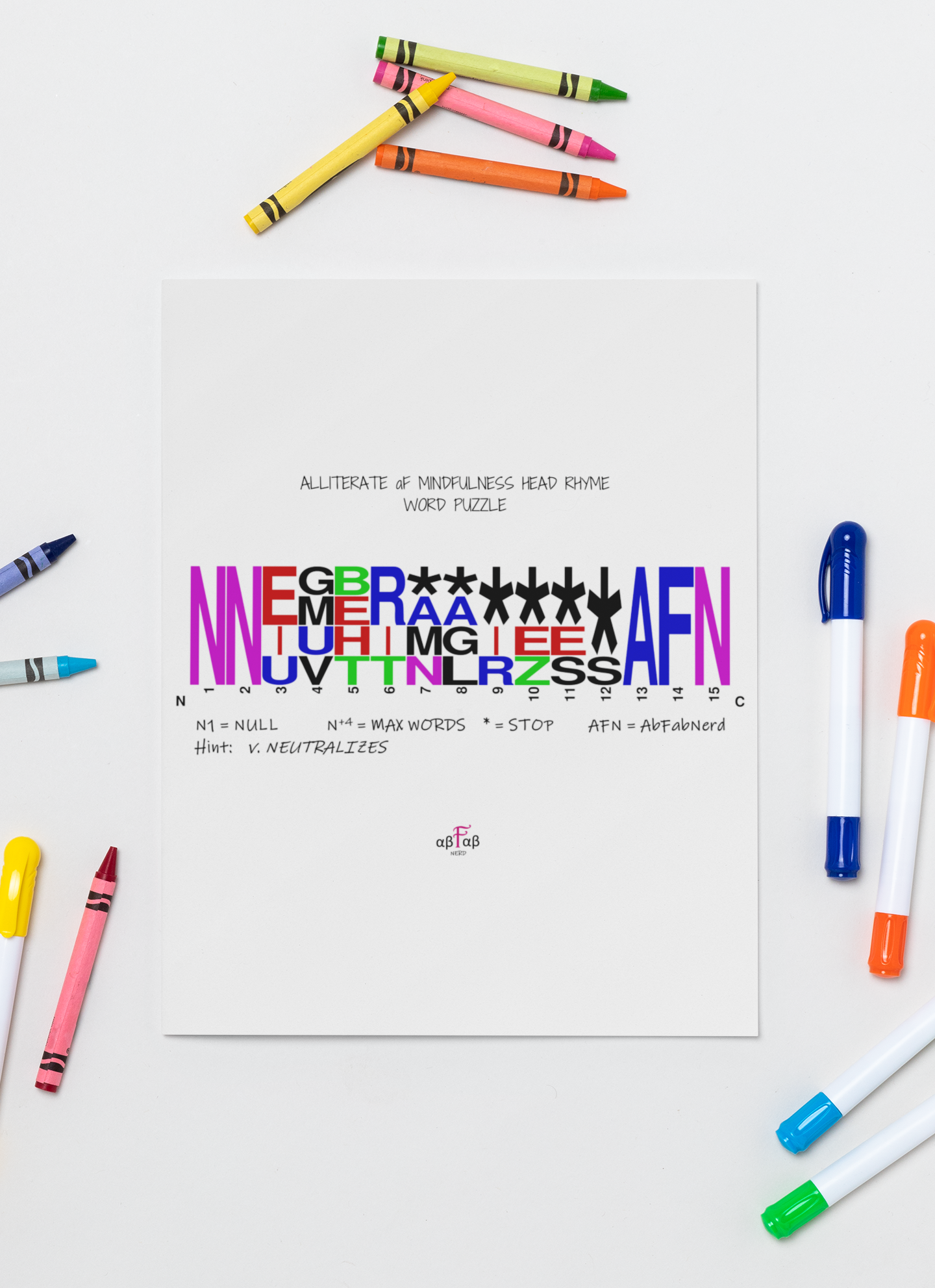 Colorful Crayons Surrounding a white paper with a word puzzle titled "Alliterate aF Mindfulness Head Rhyme Word Puzzle," featuring a graphic with color-coded words and symbols, and handwritten notes about maximum words and neutralization.