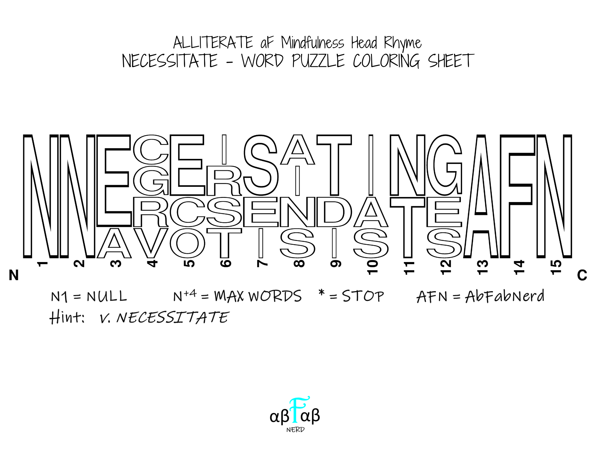 NECESSITATE Alliteration WORD PUZZLE Coloring Sheet Daily Affirmations Digital Download Mental Health Mindfulness Printable PDF