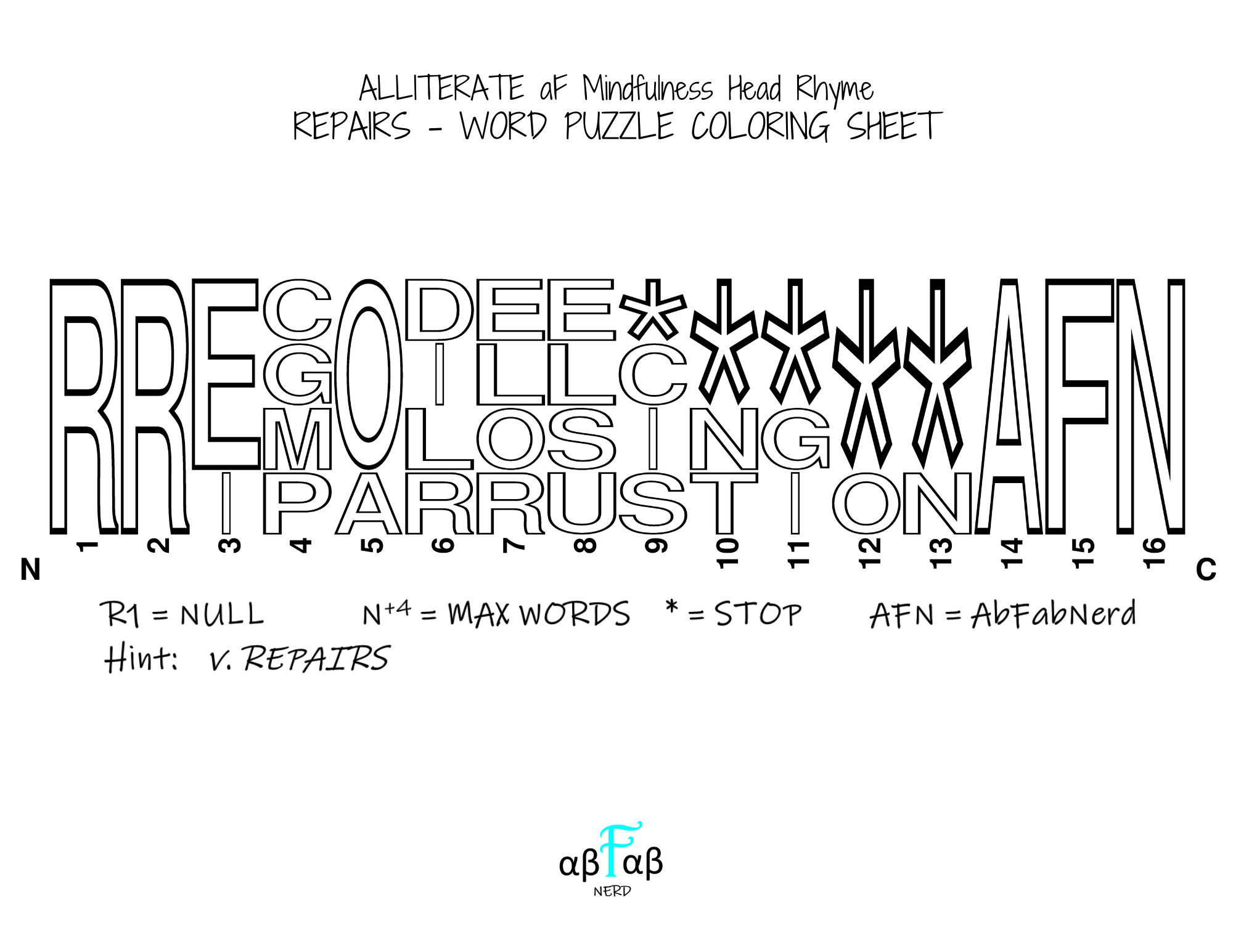 REPAIRS Alliteration WORD PUZZLE Coloring Sheet Daily Affirmations Digital Download Mental Health Mindfulness Printable PDF