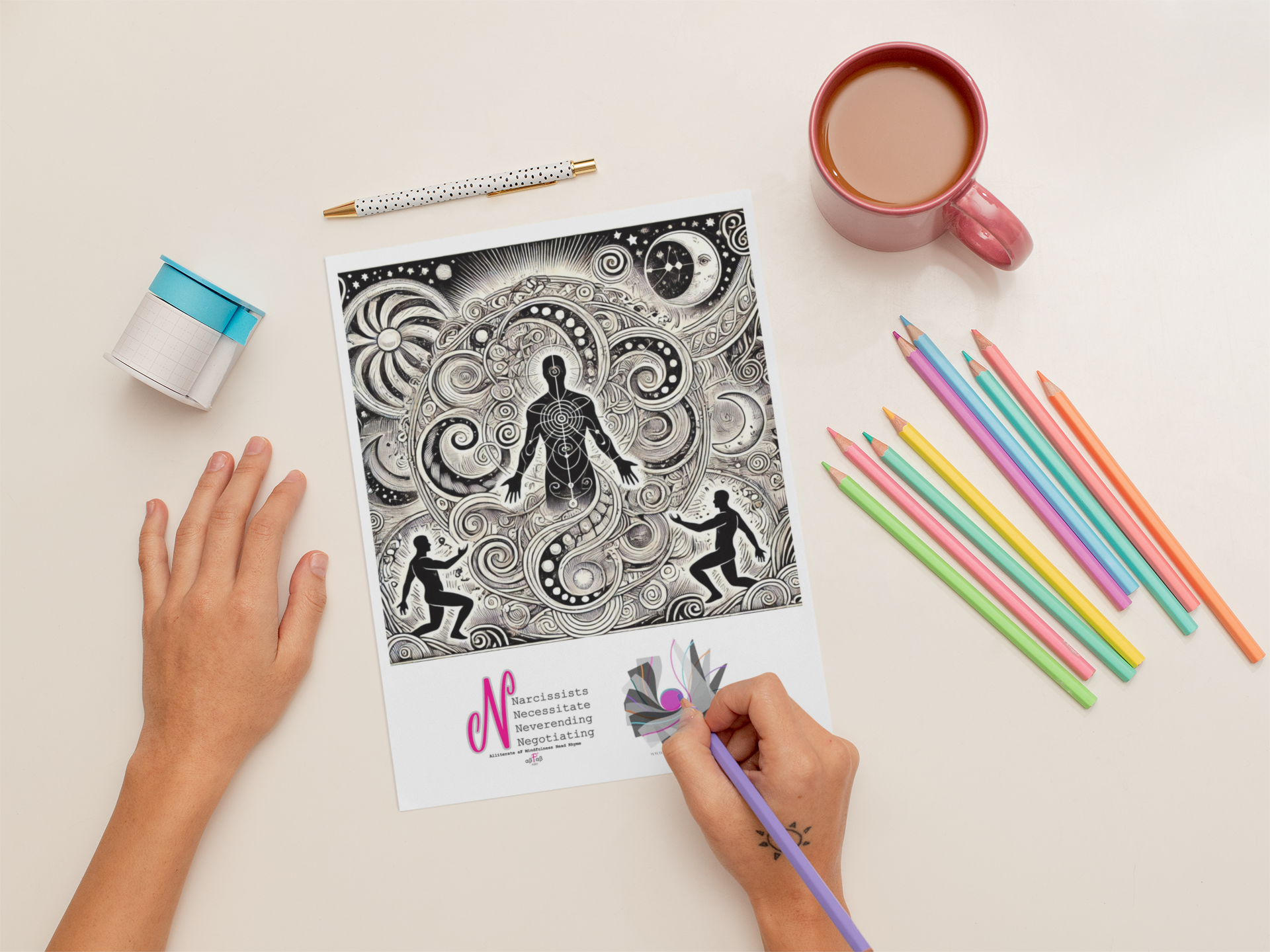 A person coloring a black and white drawing related to narcissism, surrounded by colorful pens, a pink mug of coffee, sticky notes, and a pen on a white surface.