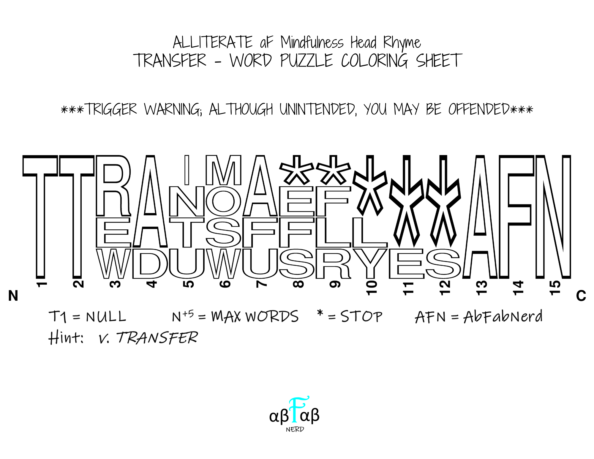TRANSFER Alliteration WORD PUZZLE Coloring Sheet Daily Affirmations Digital Download Mental Health Mindfulness Printable PDF