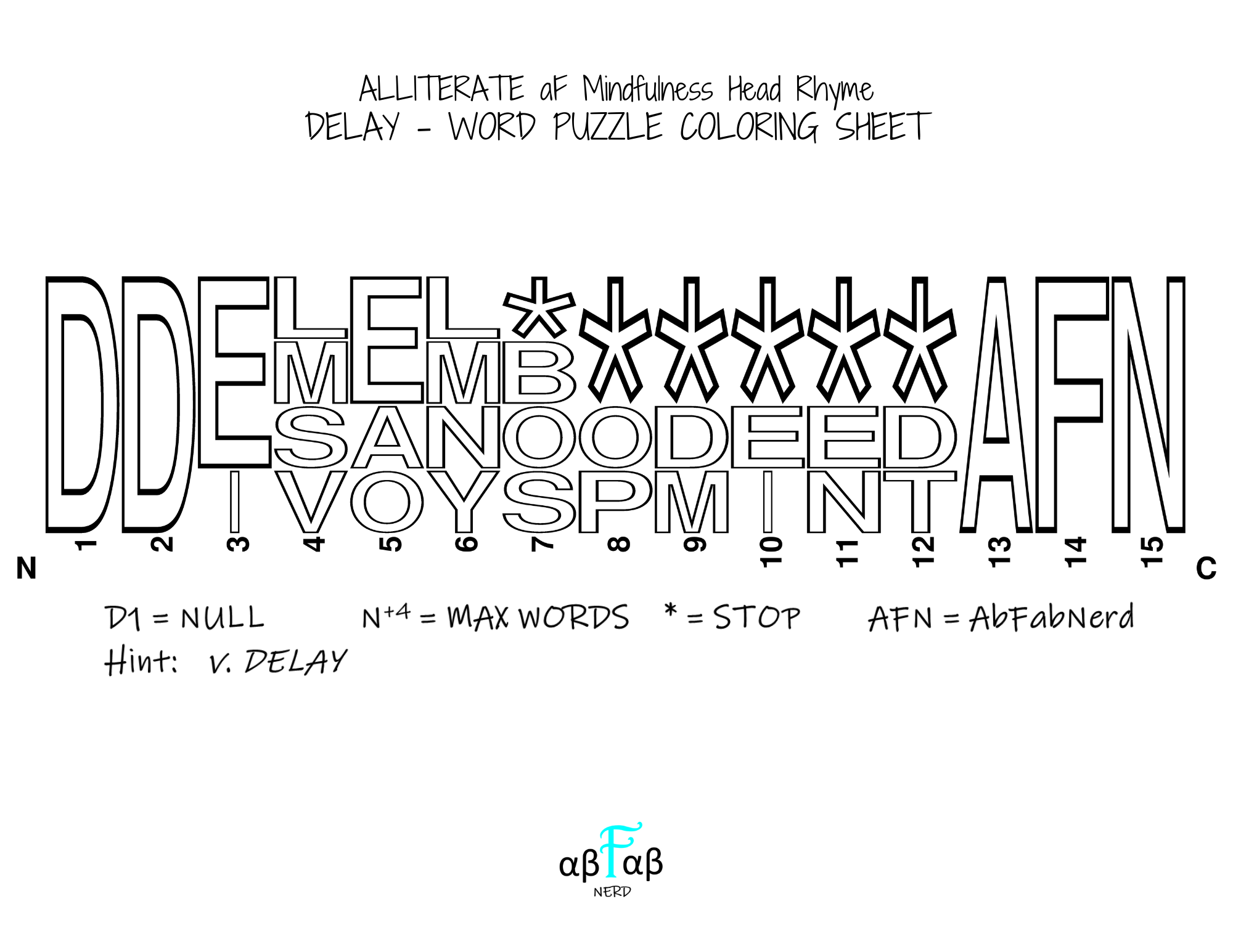 DELAY Alliteration WORD PUZZLE Coloring Sheet Daily Affirmations Digital Download Mental Health Mindfulness Printable PDF