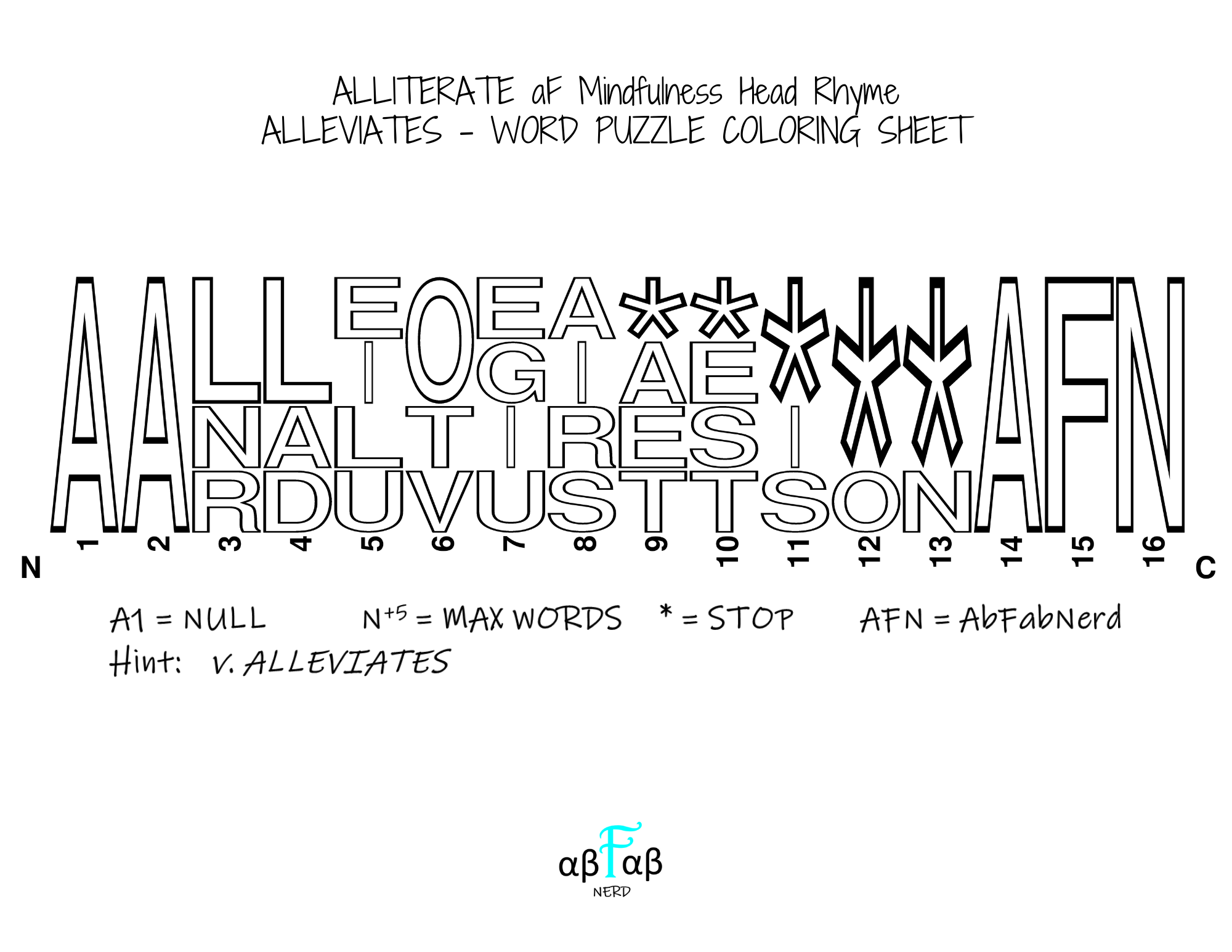 ALLEVIATES Alliteration WORD PUZZLE Coloring Sheet Daily Affirmations Digital Download Mental Health Mindfulness Printable PDF